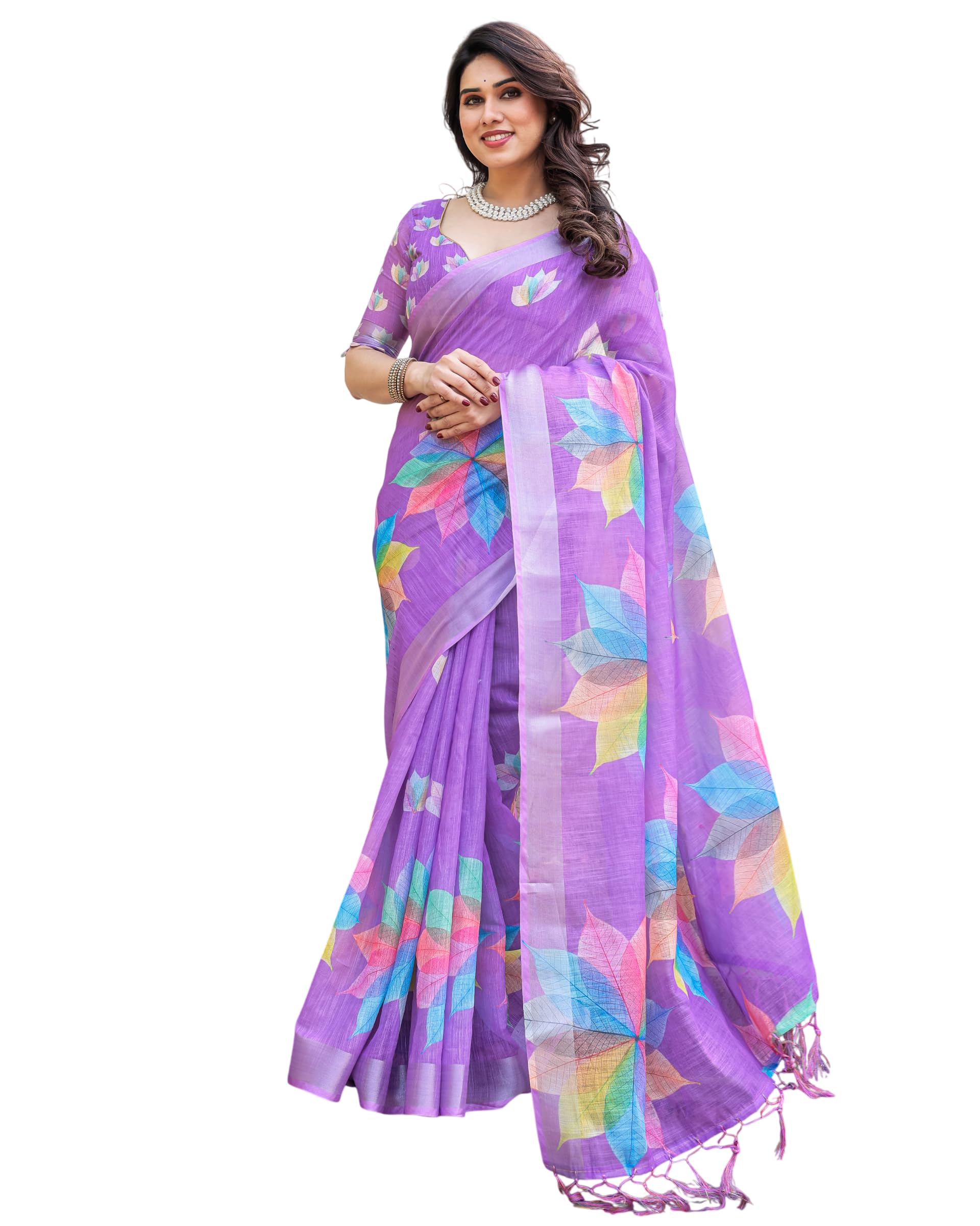 Linen Cotton Saree, Mauve Lilac, Multicolour Leaf Print, Handloom Festive Traditional Style, with Blouse Piece-image-10