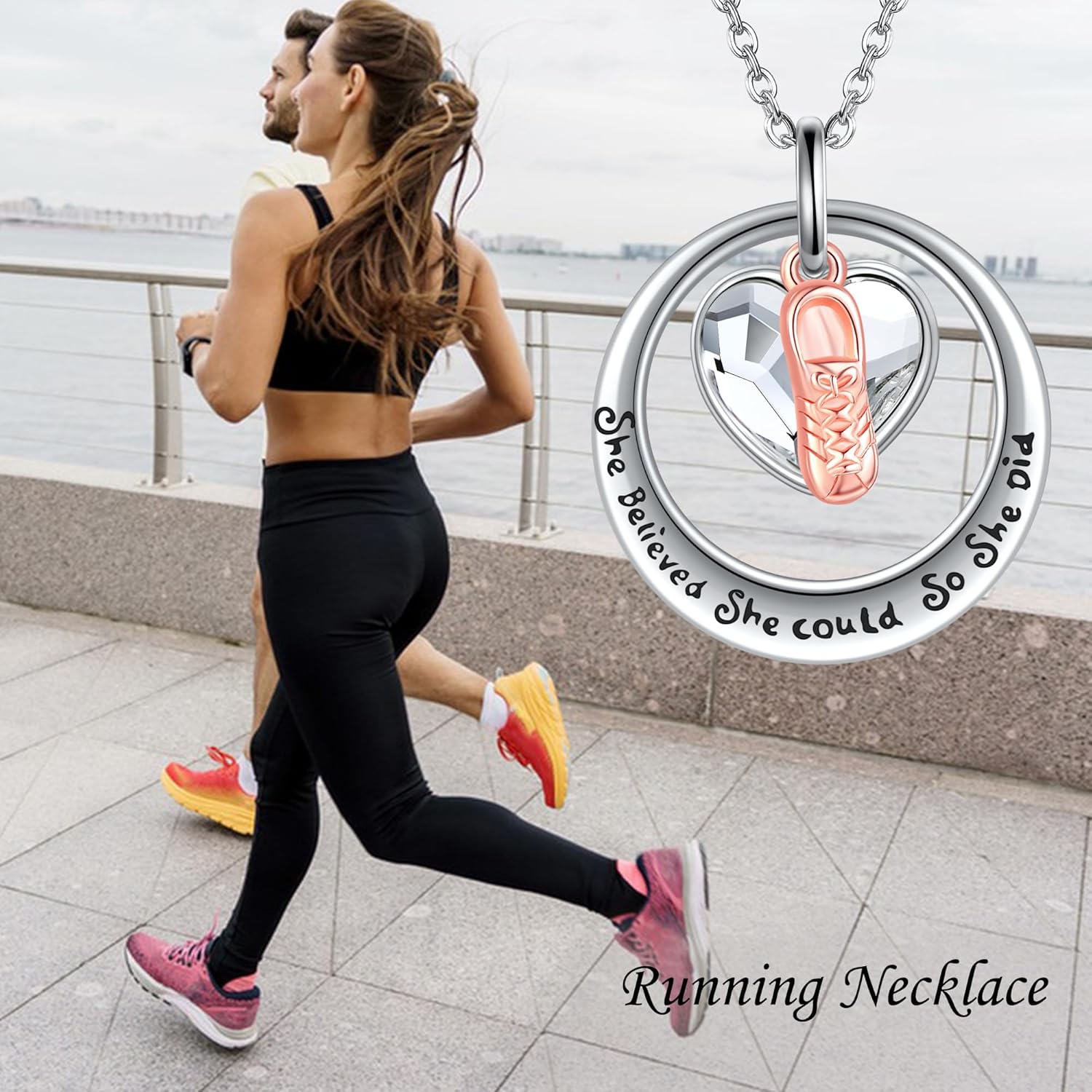 YFN Sterling Silver Female Runner Necklace, 925 Metal Heart Pendant, Adjustable 18+2in Chain, Country Marathon Jewelry Gift