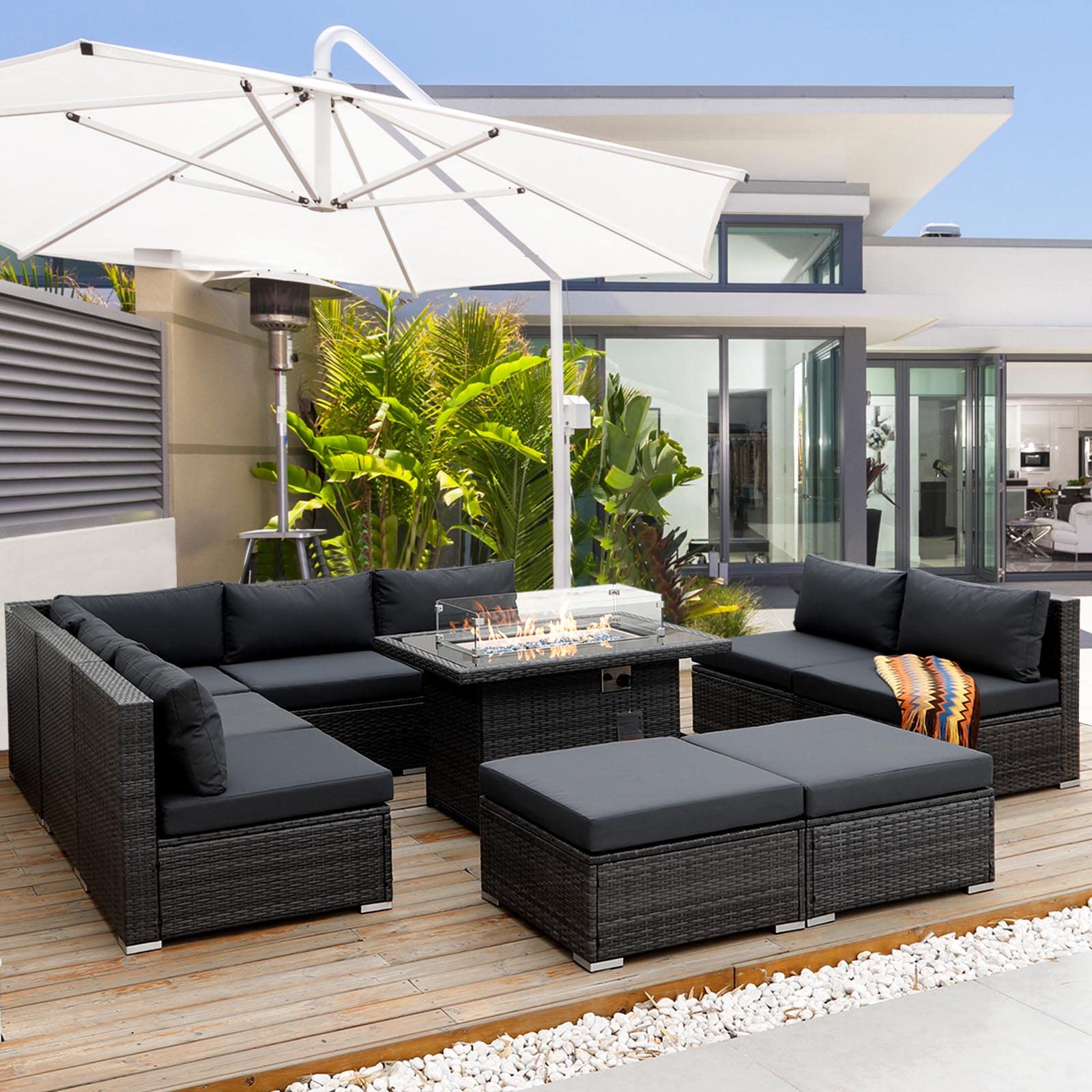Amazon.com: RADIATA PE Wicker Patio Furniture Set Sectional High Back Large  Size Sofa Sets with Propane Fire Pit Table 55000 BTU Balcony Rattan Lounge  Conversation Sets for Outdoor : Patio, Lawn u0026