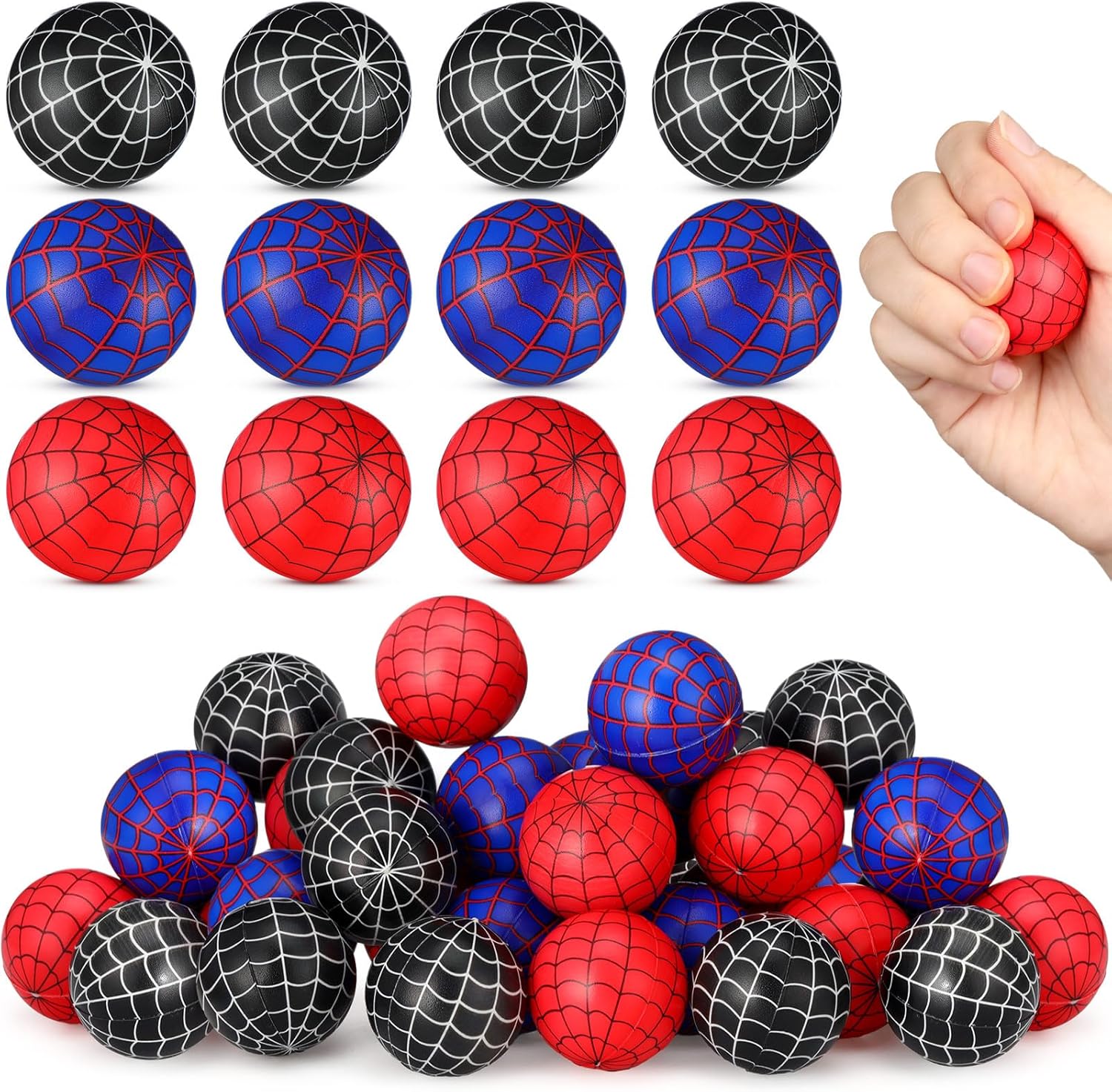Meooeck 24 Pcs Spider Web Stress Balls Bulk 1.57 Inch Mini Relief Stress Balls Hand Exercise Mini Foam Fidget Toys Relief Squishy Blue Red Black Spider Web Birthday Party Favors Supplies
