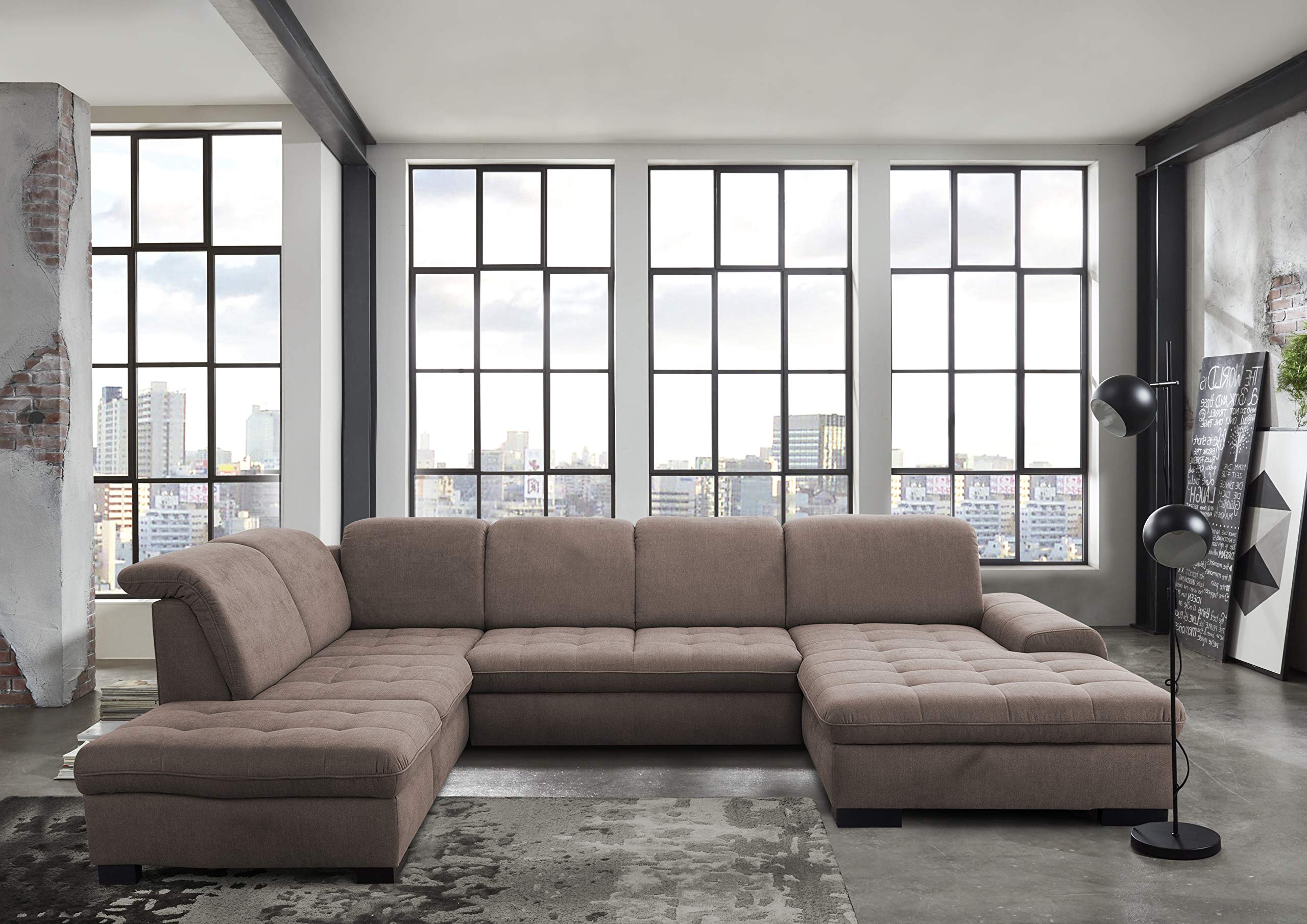 CAVADORE Wohnlandschaft Lexi / Große U-Form mit XXL-Longchair rechts und Kopfteilverstellung / Leichte Fleckenentfernung dank Soft Clean / 329 x 82-99 x 224 / Flachgewebe: Hellbraun