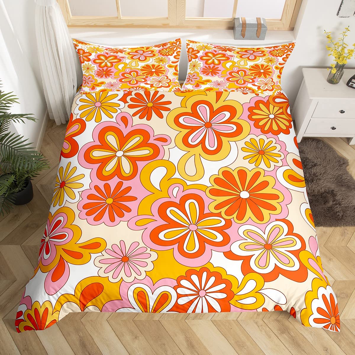 Homewish Boys Multi 14 1960S 1970S Groovy Flower Duvet Cover King Hippie Funky Flower Bedding Set For Kids Girls Red Yellow Vintage Floral Comforter Cover Bohemia Cartoon Art Bed Set With 2 Pillow Sham Lightweight