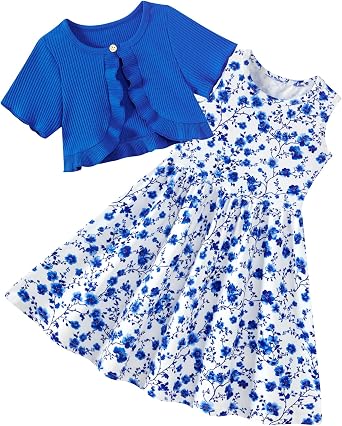 Girls Dresses with Cardigan for 5-12 Years Kids 2 Piece Summer Outfits