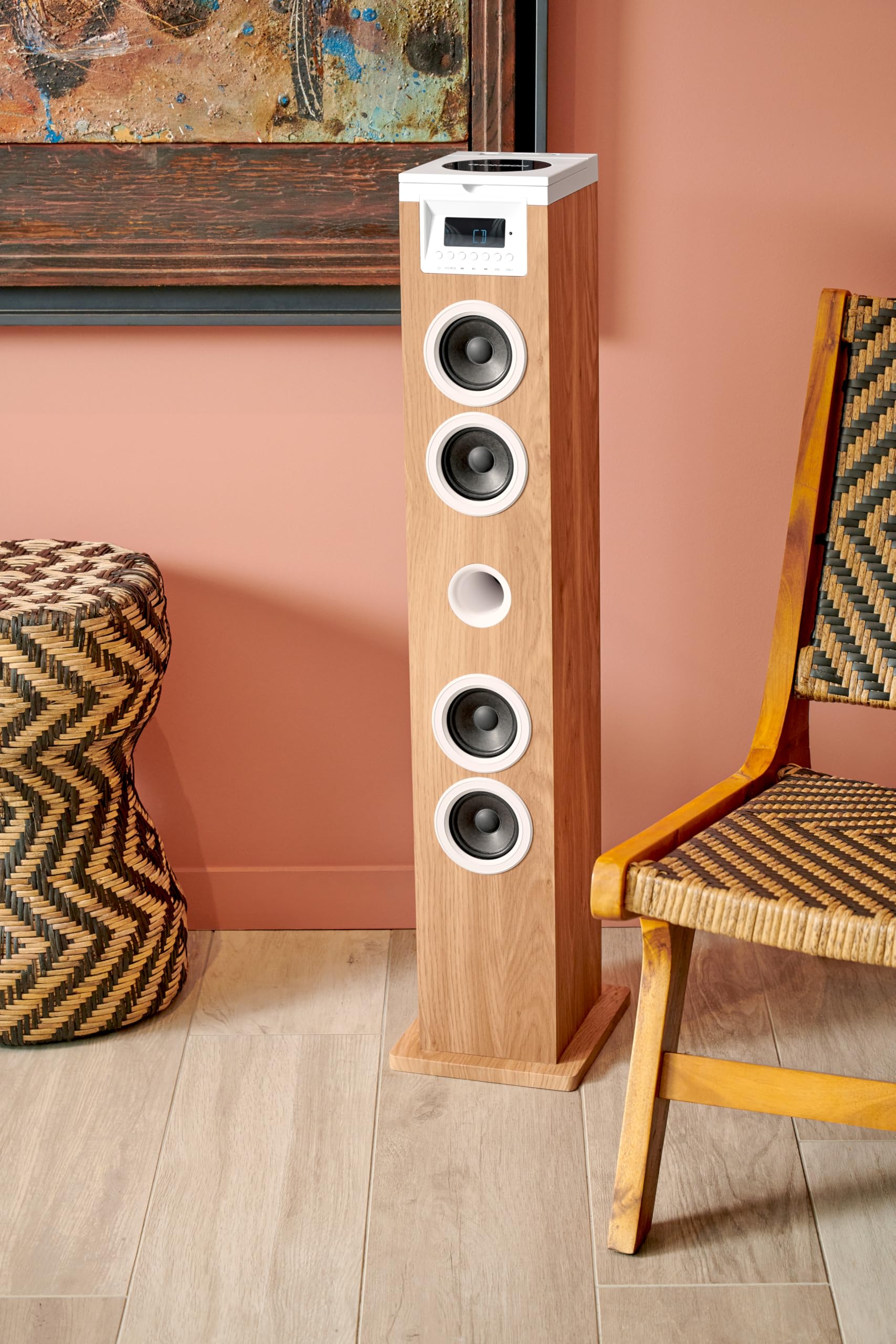 Tour haut-parleur - THOMSON - Blanc/Bois - Bluetooth/CD/USB/SD, 60W, Radio FM, Télécommande, Alim. 230V