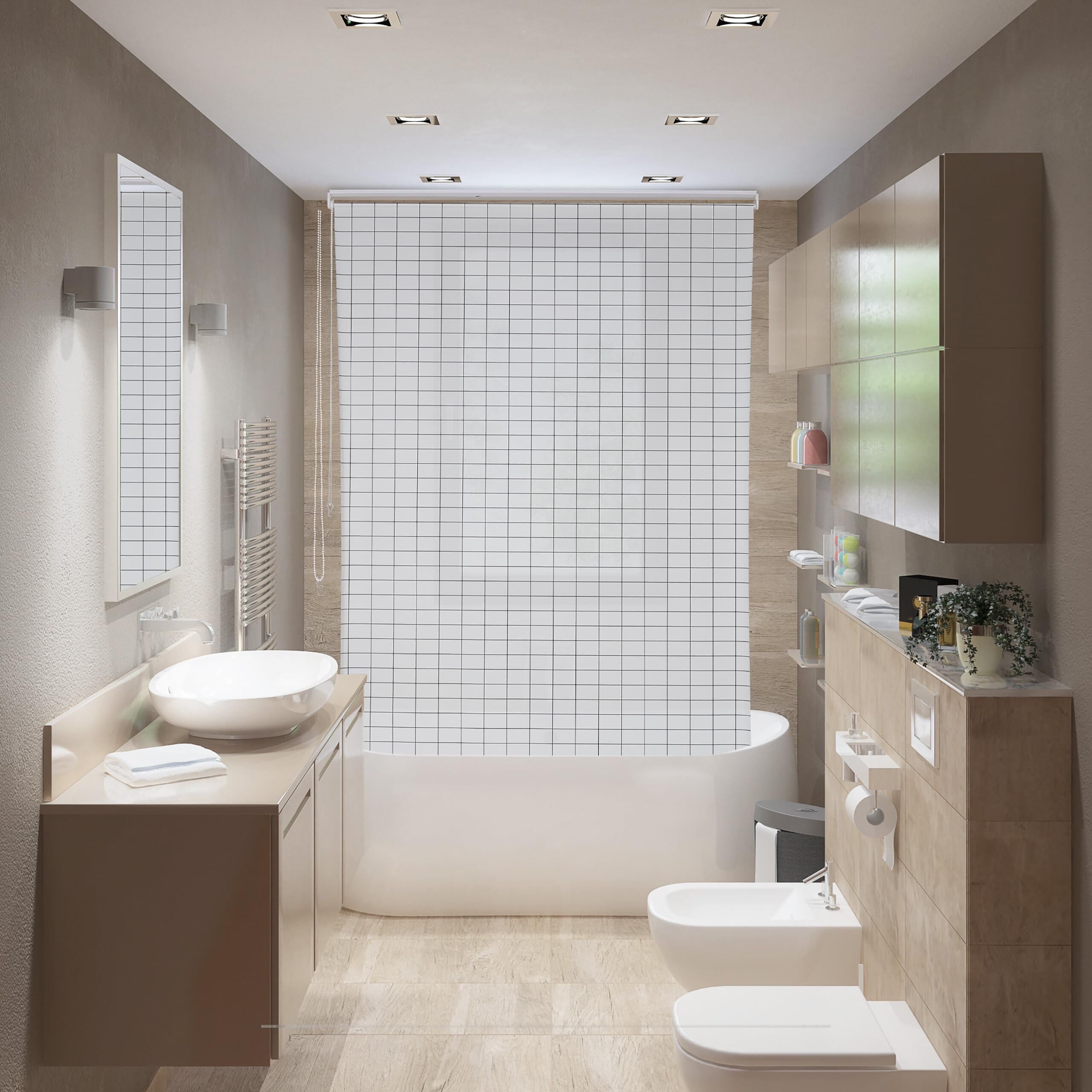 Relaxdays Cortina de Baño Enrollable Estampado de Cuadros, Estor Ducha o Ventana, 100 x 240 cm, Blanco y Negro