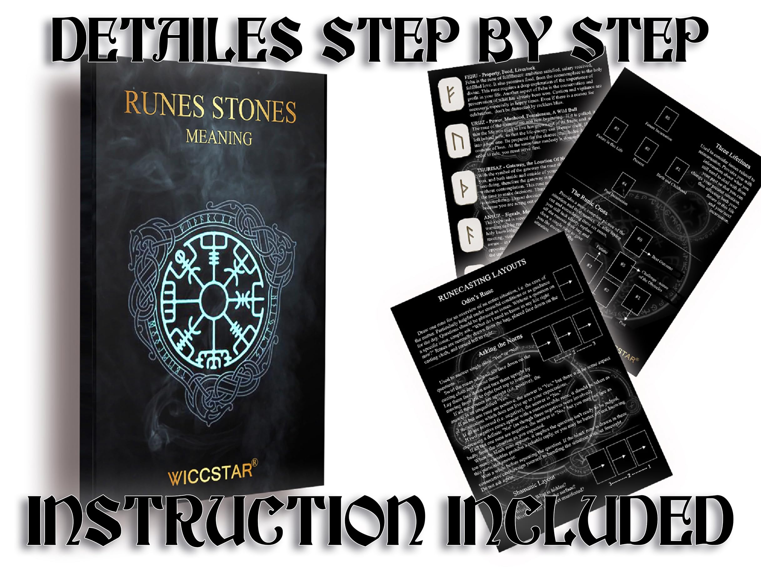 Set di pietre runiche WICCSTAR. 25 pezzi in legno intagliati con 5 diversi layout e libretto dei significati delle rune