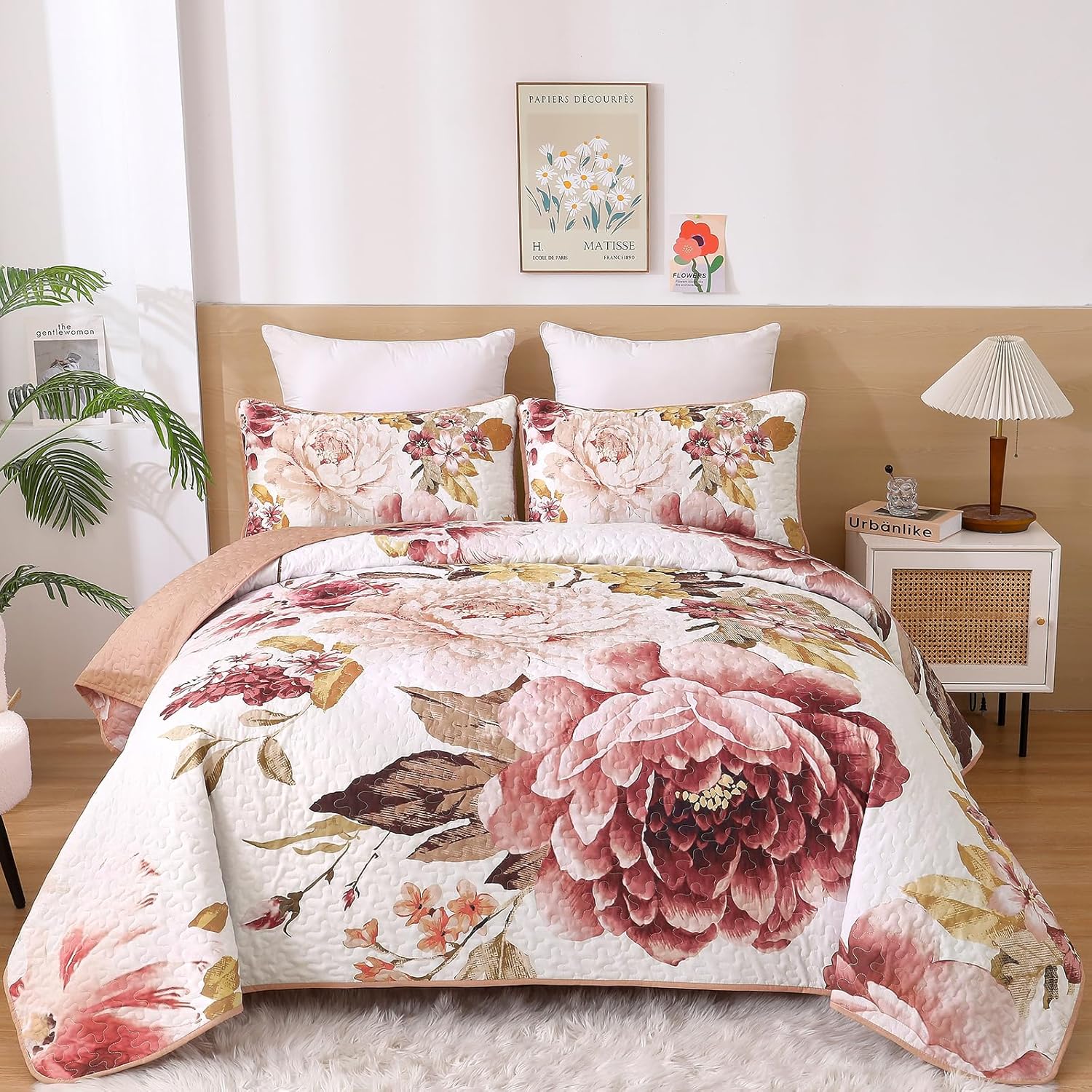 WONGS BEDDING Blush Floral Quilt Set Queen, Elegant Flower Bedspread Coverlet Set for All Season, 3 Pieces Farmhouse Soft Microfiber Reversible Pink Bedding Set with 2 Pillow Shams 96"X90"