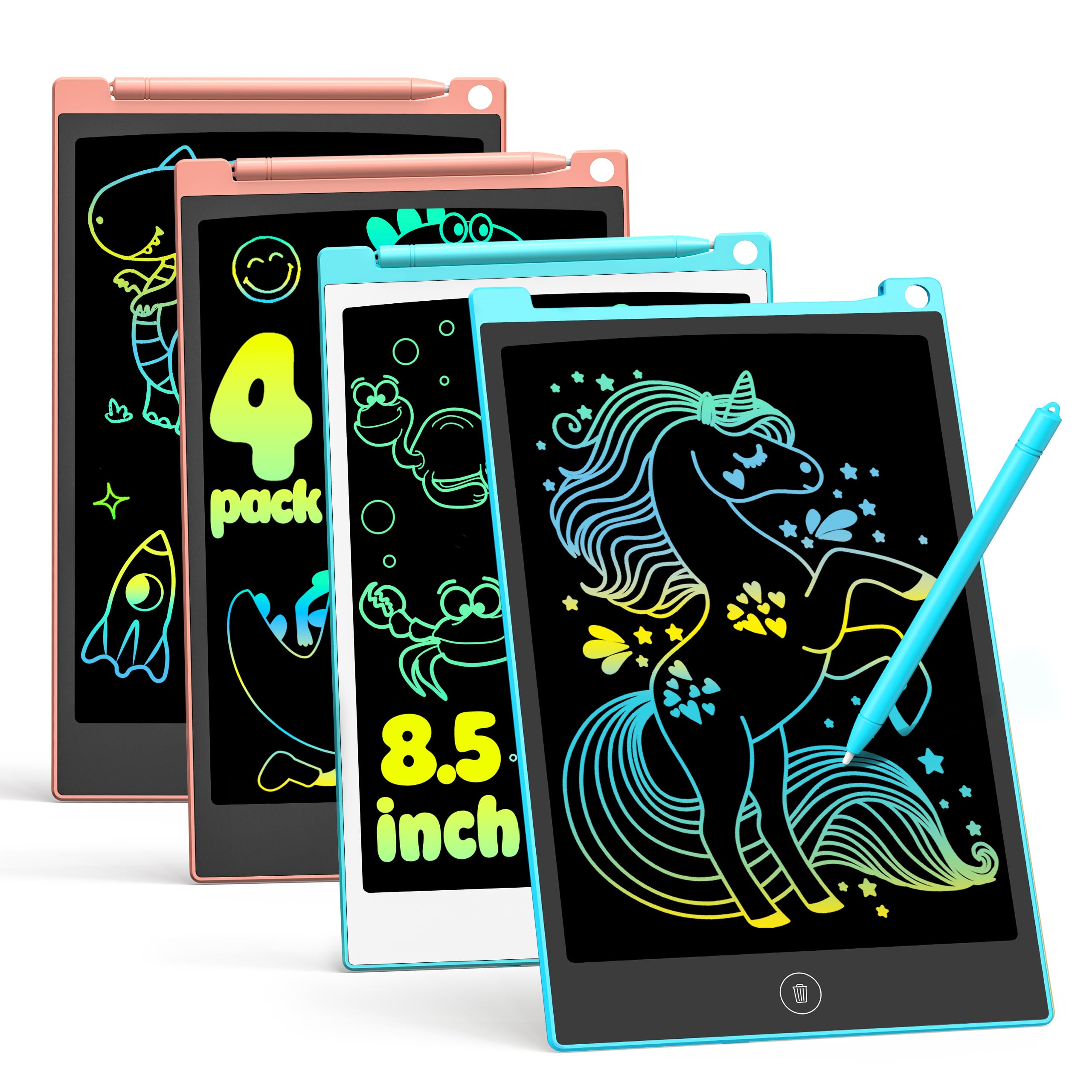 TECJOE 4 Pack LCD Writing Tablet, 8.5 Inch Colorful Drawing Board, Kids Travel Games Activity Learning Toys, Birthday Gifts for 3-8 Year Old Boys Girls Toddlers Preschooler