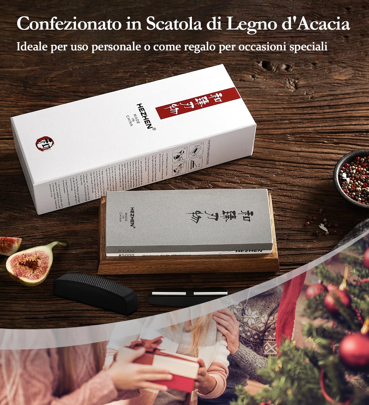 HEZHEN Pietra Affilacoltelli Professionale, Pietra per Affilare al Corindone Bianco, Doppia Faccia Grana1000/5000, con Guida Angolare, Base in Legno