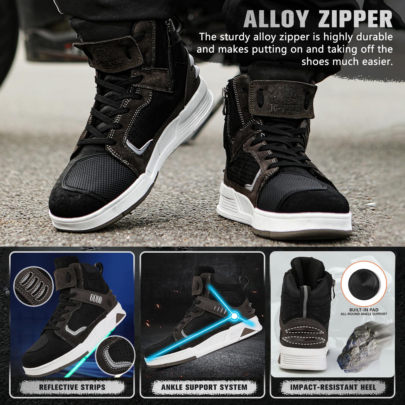 Botas de Moto para Hombre de Cuero con Cremallera Lateral