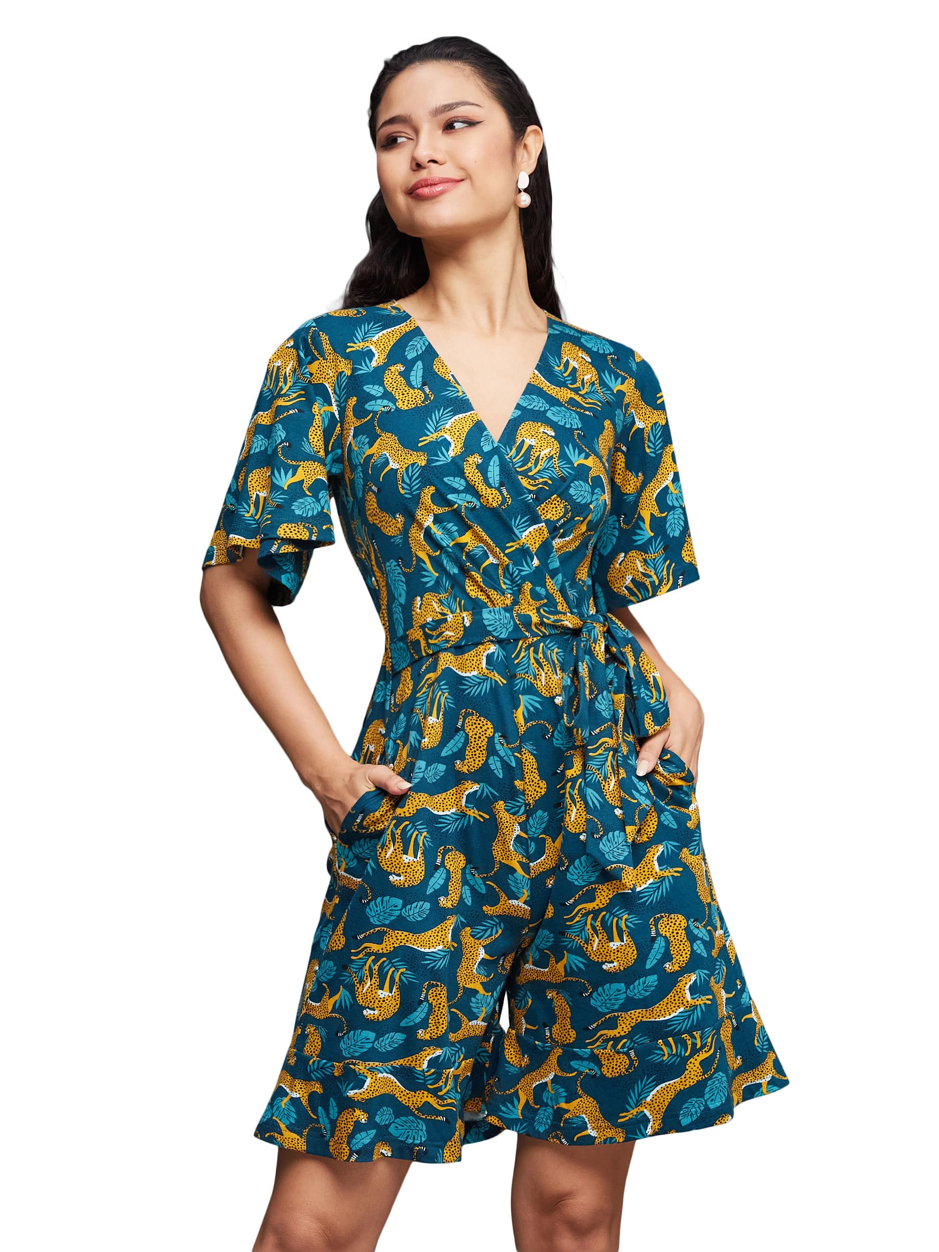 - Women's V-Neck Half Sleeve Tropical Wrap-Styled Regular-Length Georgette Jumpsuit