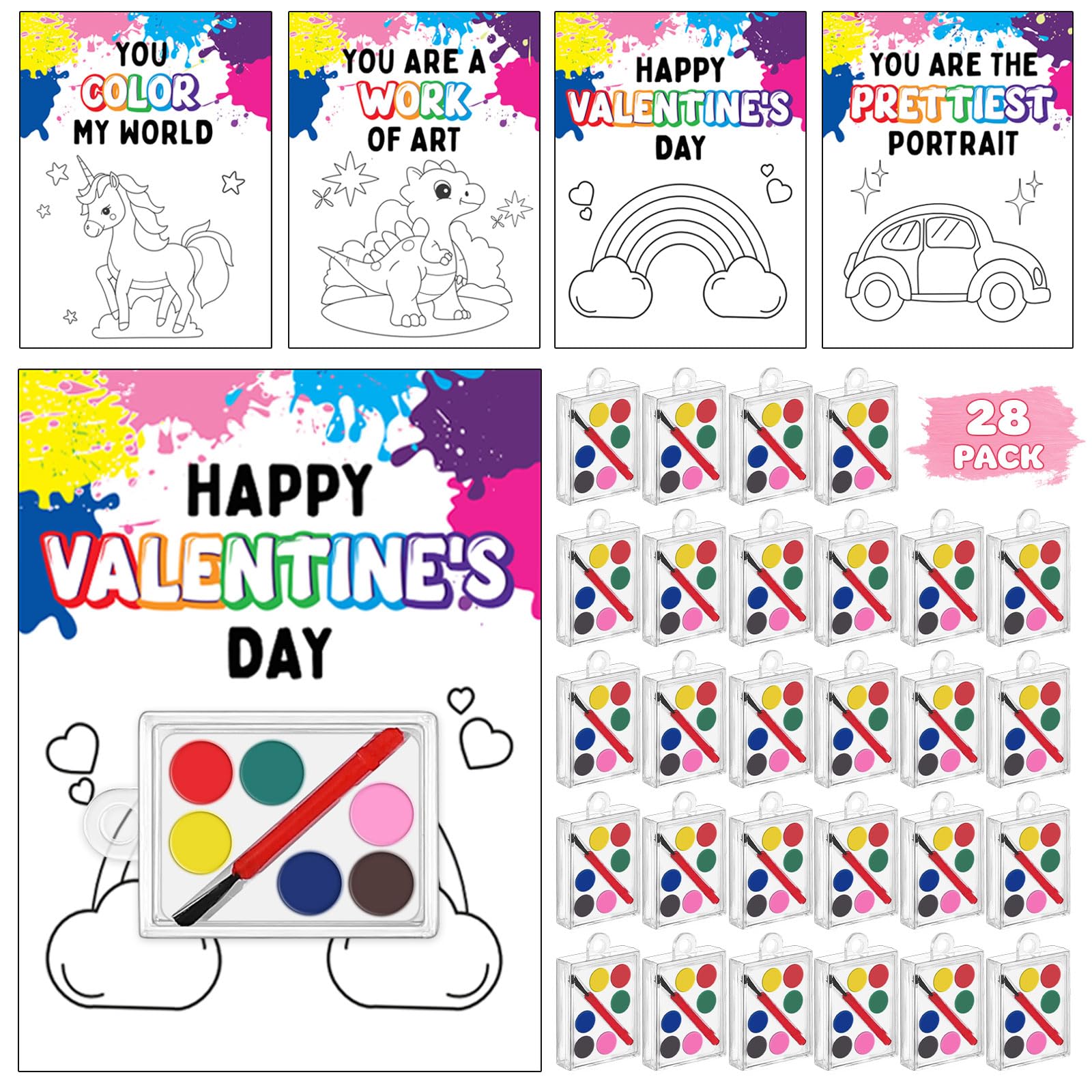 TooyBingValentines Day Gifts for Kids, 28 Pack Valentines Day Cards for Kids with Mini Painting Sets, Watercolor Paint Bulk for Classroom Exchange, Valentines Cards Art Party Favors for Boys Girls