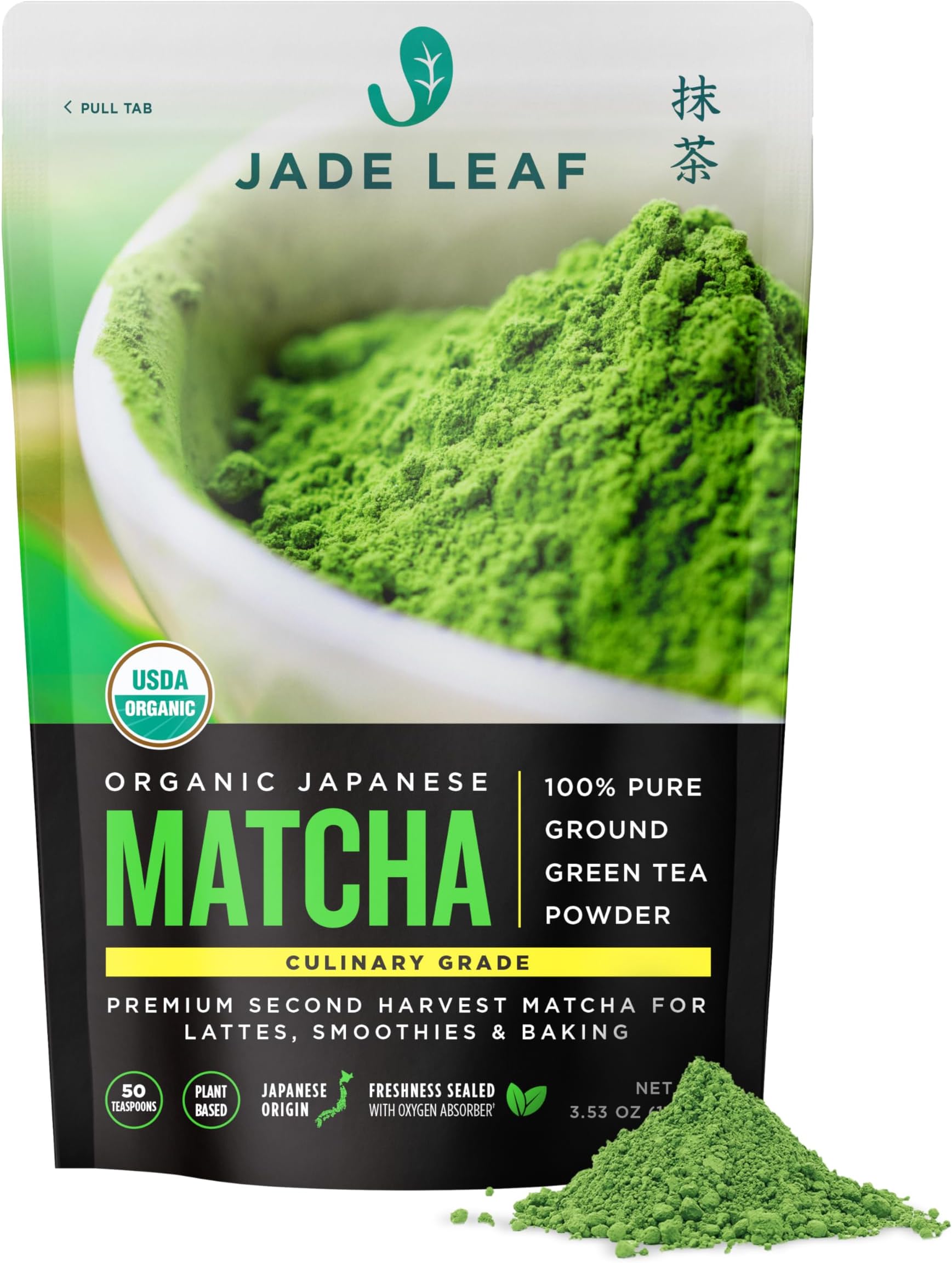 Jade Leaf Matcha - Organic Culinary Grade - Premium Second Harvest - Authentic Japanese Origin (3.53 Ounce Pouch)