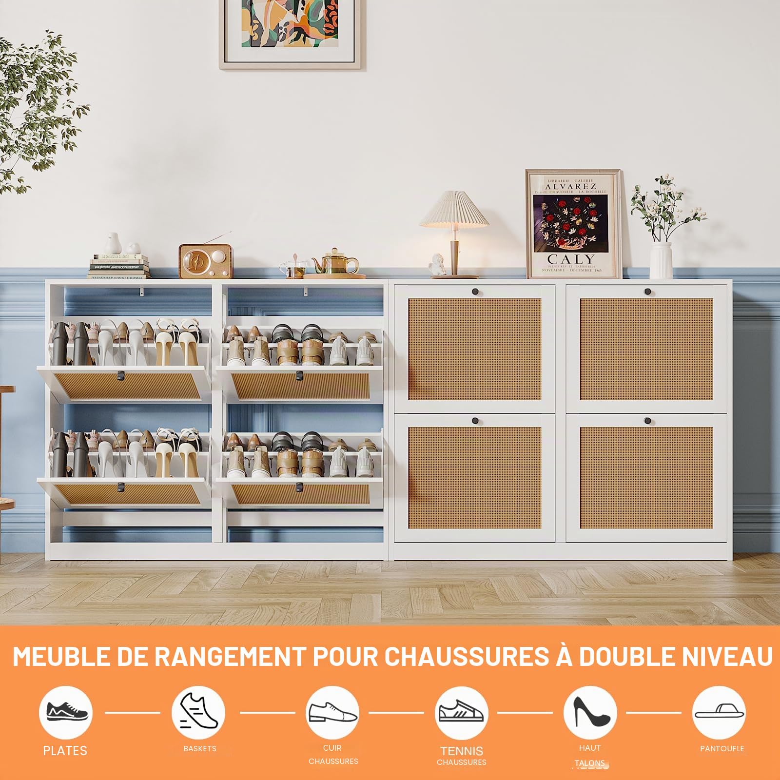 Meuble à Chaussures en Rotin avec 4 Portes Bohème Armoire à Chaussures, étagère réglable, 16 e 24 Paires, pour Couloir, Salon, Convient 102 x 23 x 84 cm