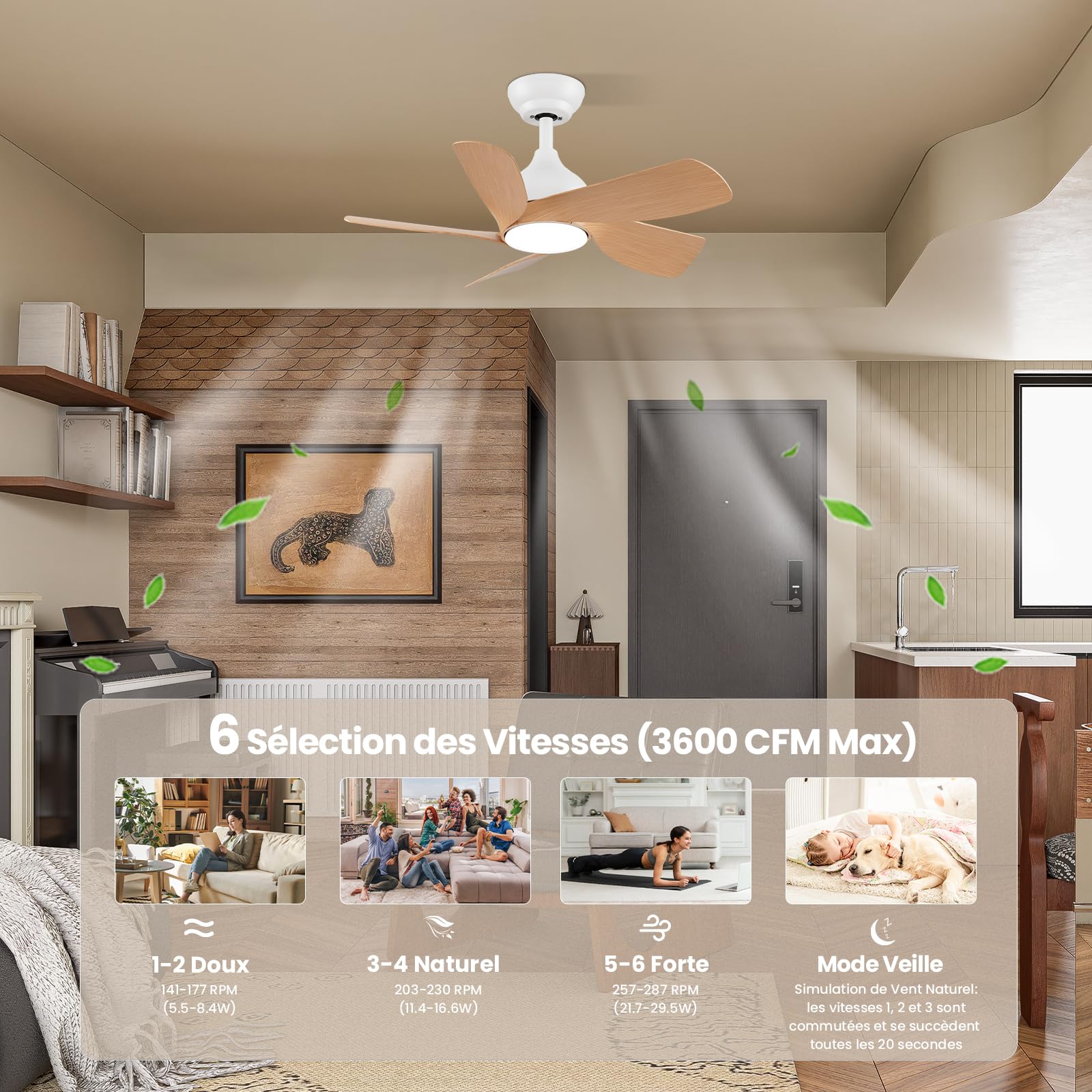 CJOY Ventilateur de Plafond, 76cm Ventilateur Plafond avec Lumiere | Telecommande, 6 Vitesse, Mémoire 3 CCT Dimmable, Silencieux Réversibles CC, Timer, Veille Mode, Grain Bois, Chambre à Coucher