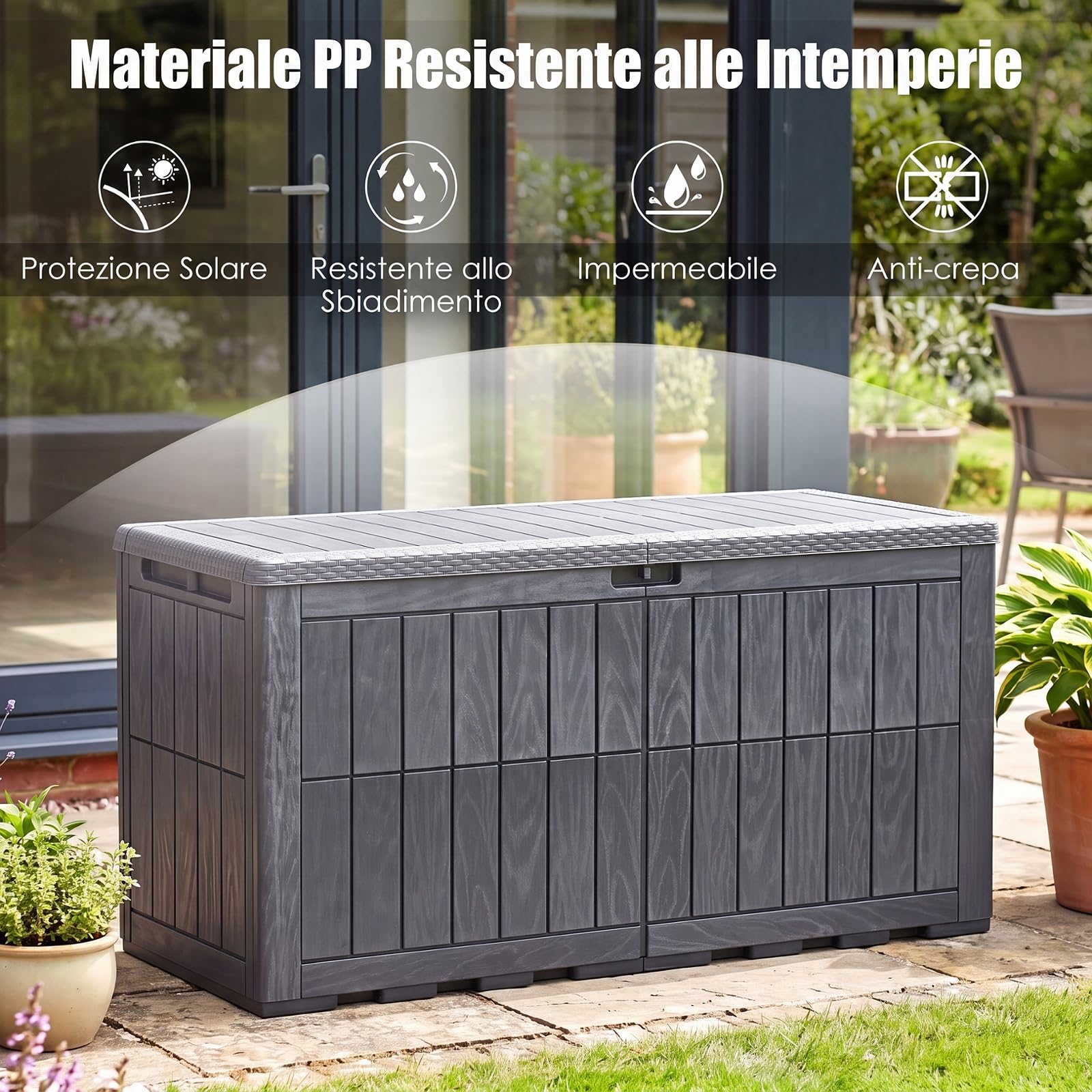 COSTWAY 455 L Cassapanca Contenitore, Contenitore da Esterno in PP Resistente alle Intemperie con Coperchio e Foro della Serratura per Soggiorno, Giardino e Bordo Piscina (132 x 61 x 65 cm,Grigio)