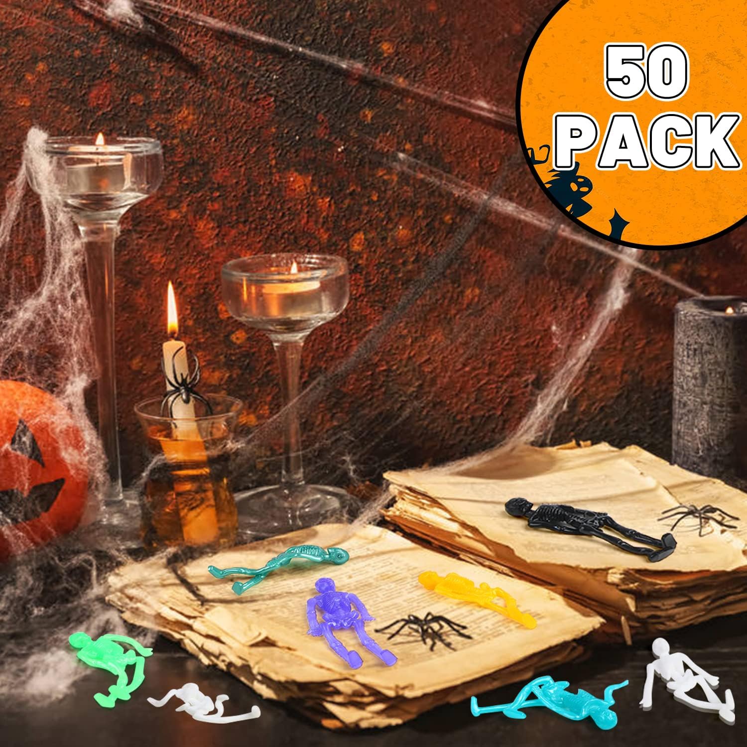 LOKIPA 50PCS Stretchy Skeleton Toys, 10 Colors Stretchy Skeleton Party Favor Halloween Bags Stuffers Halloween Sticky Toys for Kids