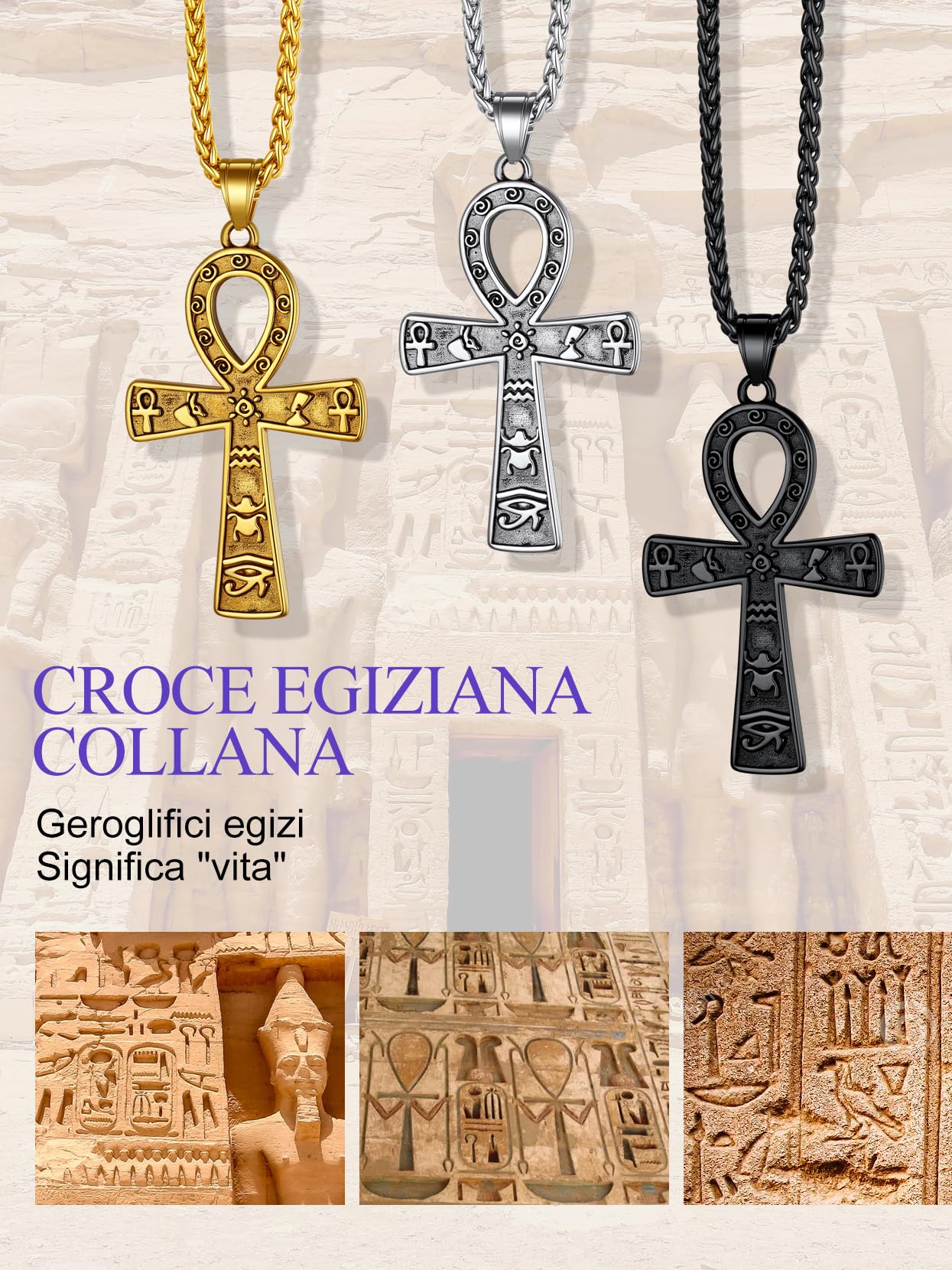 Richsteel Collana da uomo con ciondolo a forma di occhio di Horus, con ciondolo a forma di croce egiziana, collana in acciaio inox da 55,9 a 61 cm, con incisione del nome, fornita con confezione