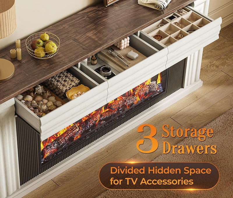 PRAISUN 70'' Fireplace TV Stand with 42'' Electric Fireplace, Farmhouse TV Stand for 65 75 Inch TV, Entertainment Center TV Console with 3 Drawers, Fluted Design, for Living Room, Distressed White image 3