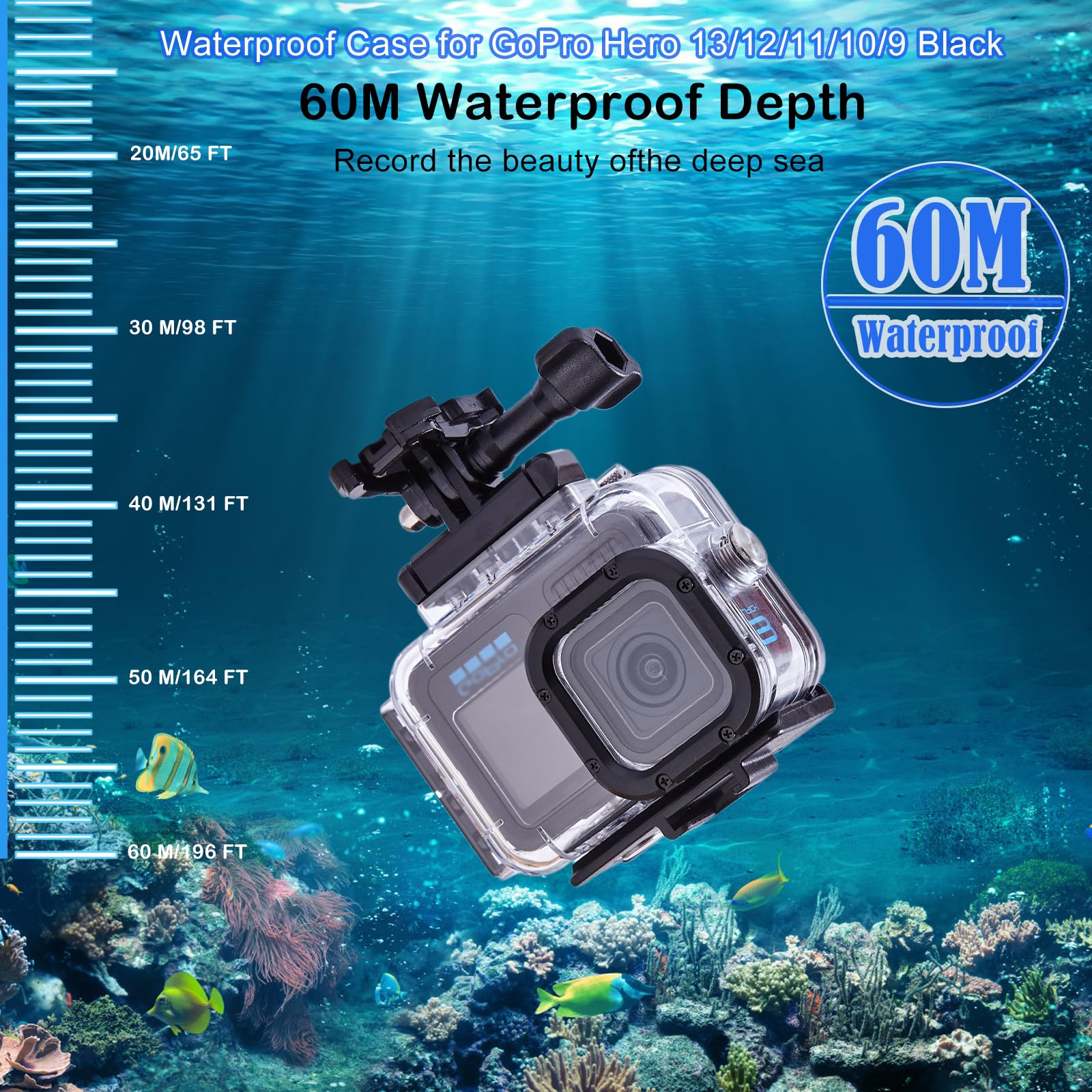 Wasserdichtes Gehäuse mit Tauchfiltern für Go Pro Hero 13 12 11 10 9 Schwarz, 60 m Unterwasser-Schutzgehäuse mit Metall-Schnell-Magnetbefestigung und Entriegelungsadapter, Kaltschuh-kompatibel