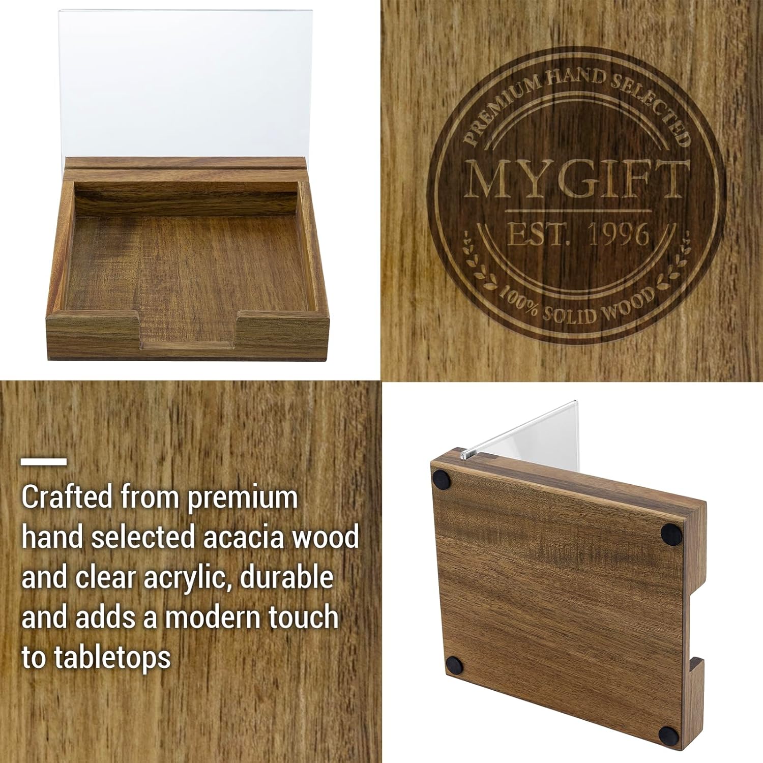 MyGift Premium Acacia Wood Square Tabletop Napkin Holder with A6 Clear Acrylic Menu Sign Holder, Dispenser Rack for Kitchen, Dining Tables, and Countertops