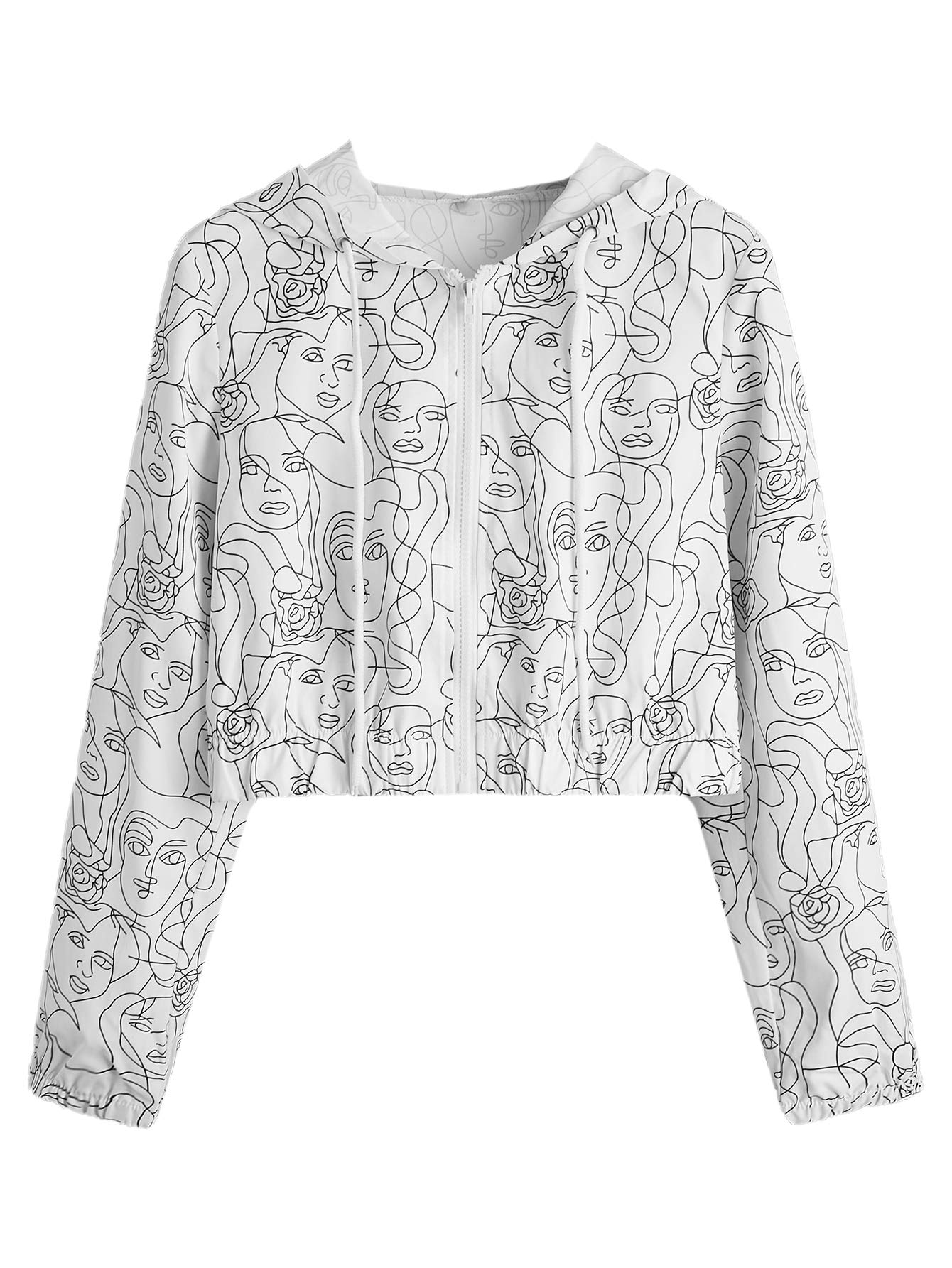 Shein Womens Fashion Long Sleeve Comic Print Crop Bomber Zipper