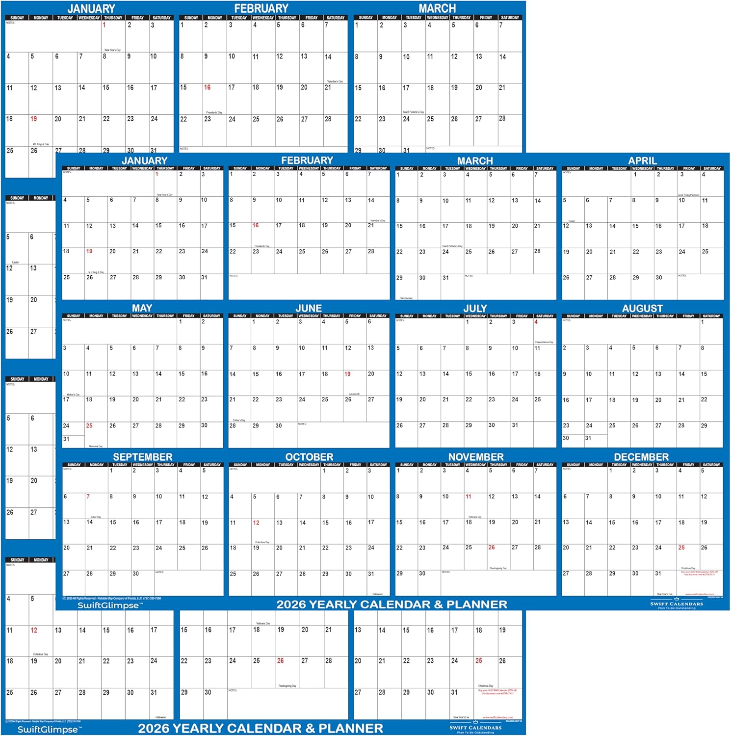 24" x 36" SwiftGlimpse 2026 Wall Calendar Erasable Large Wet & Dry Erase Laminated 12 Month Annual Yearly Wall Planner, Reversible, Horizontal/Vertical, Navy
