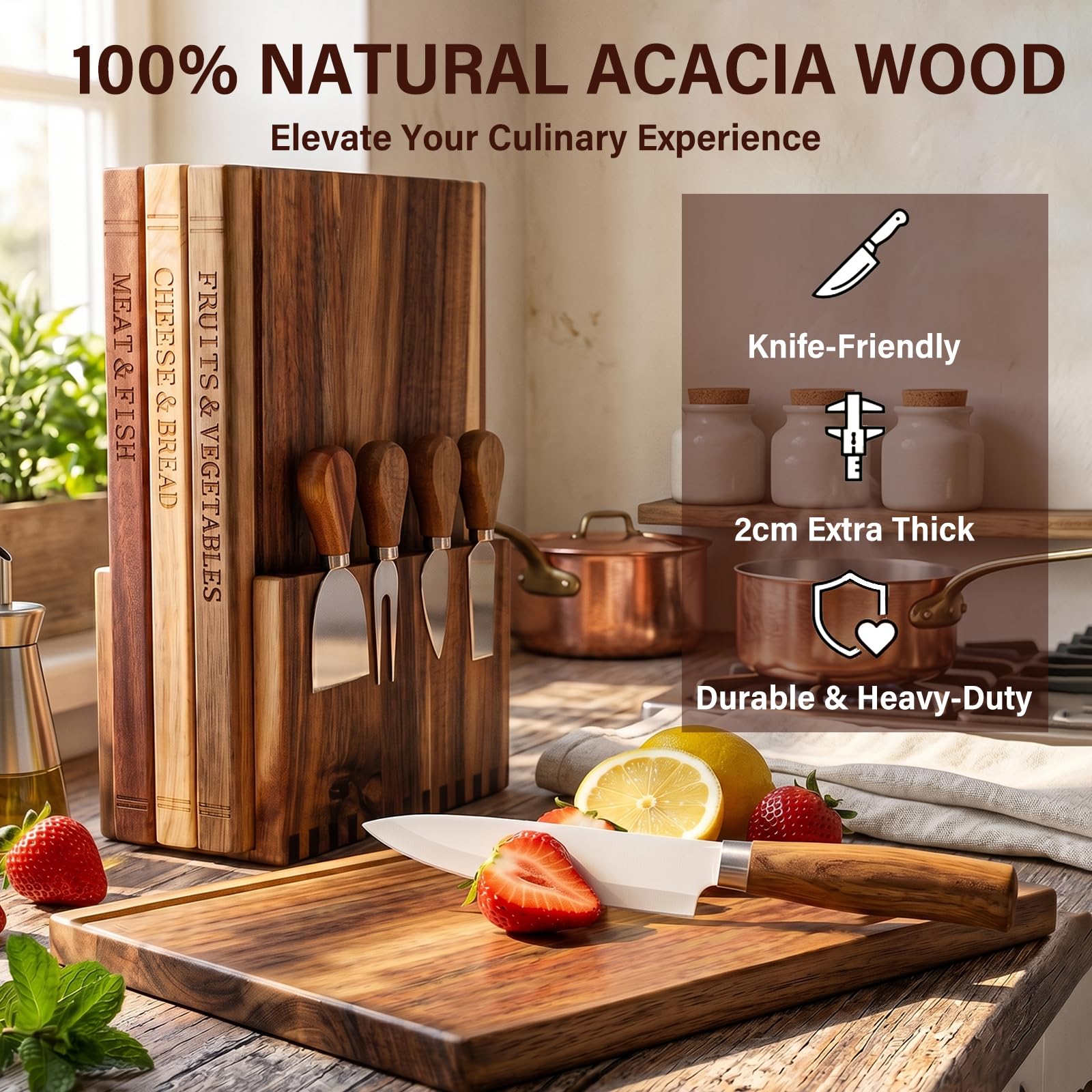 Set de 3 Tablas de Cortar con Forma de Libro para Cocina, Tabla de Quesos y Jamón de Acacia con 4 Cuchillos y Soporte, Regalo de Inauguración de Casa, 33x25x2 cm