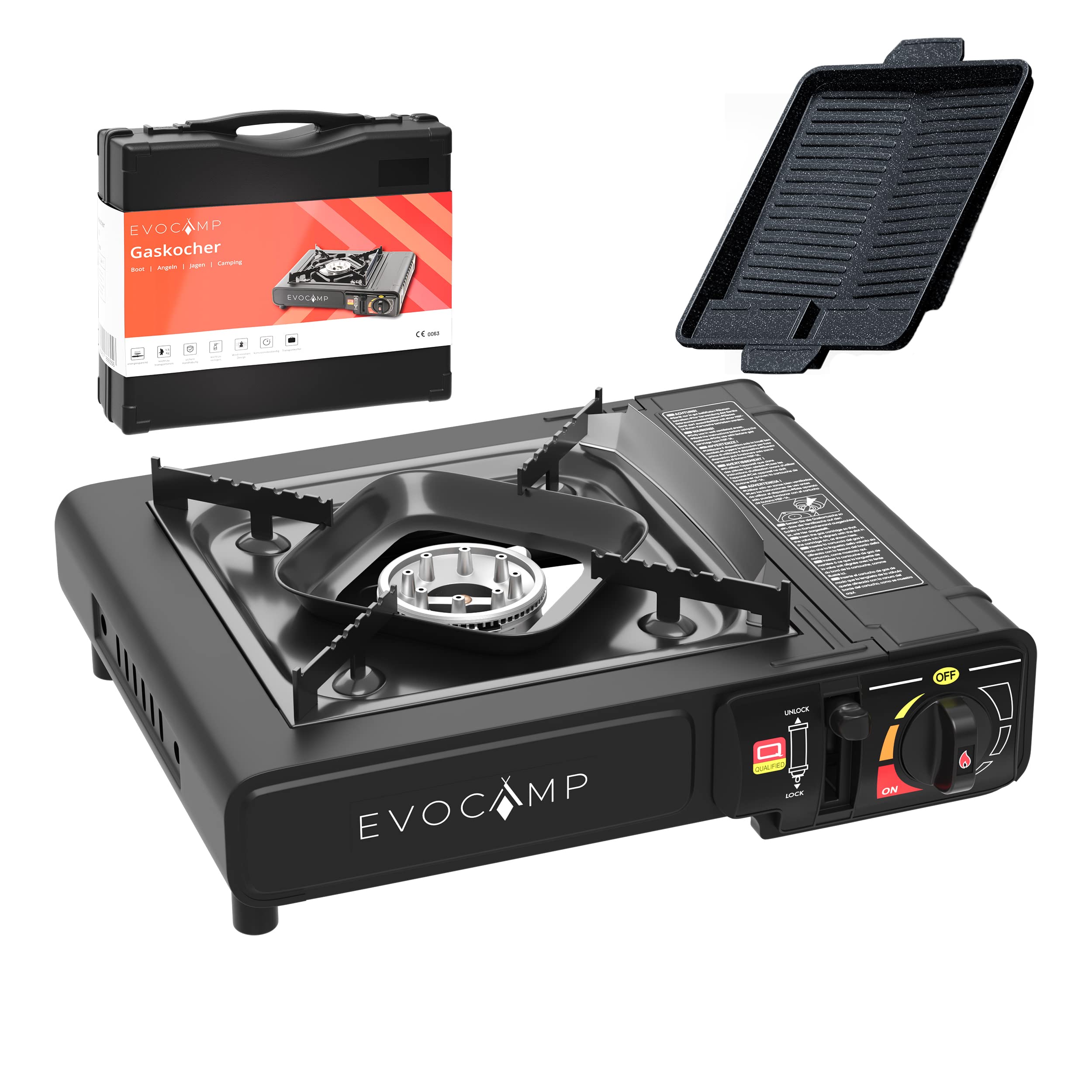 Gaskocher 1-flammig und Grillplatte BBQ eckig 38 cm, Campingkocher für Gaskartuschen MSF-1a 227g, Camping Herd mit Tragekoffer - Ideal für Outdoor-Aktivitäten wie Camping oder Wandern