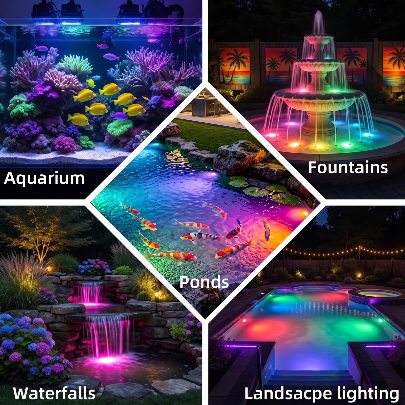 SMY Lighting RGBWW Teichbeleuchtung Unterwasserbeleuchtung Teich | mit Photozellensensor und Timer, Niedervolt Transformator, IP68 Wasserdicht Poolbeleuchtung