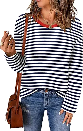 ONLYSHE Women's Casual Striped Long Sleeve Tops Crew Neck Knit Basic Loose Fit T Shirts Fall Fashion Tunic Outfits