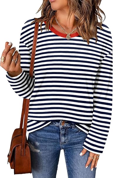 ONLYSHE Women's Casual Striped Long Sleeve Tops Crew Neck Knit Basic Loose Fit T Shirts Fall Fashion Tunic Outfits