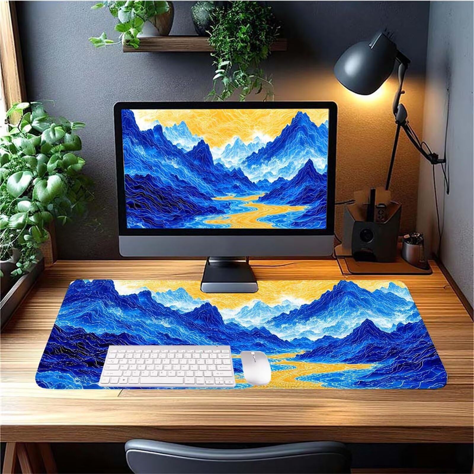 Alfombrilla Ratón Azul Montaña Alfombrilla Ratón XXL 1400x600x3mm Mouse Pad Resiste Salpicaduras, Extendida de Gran Tamaño con Bordes Cosidos, Mejora la Precisión y la Velocidad, Antideslizante y-291