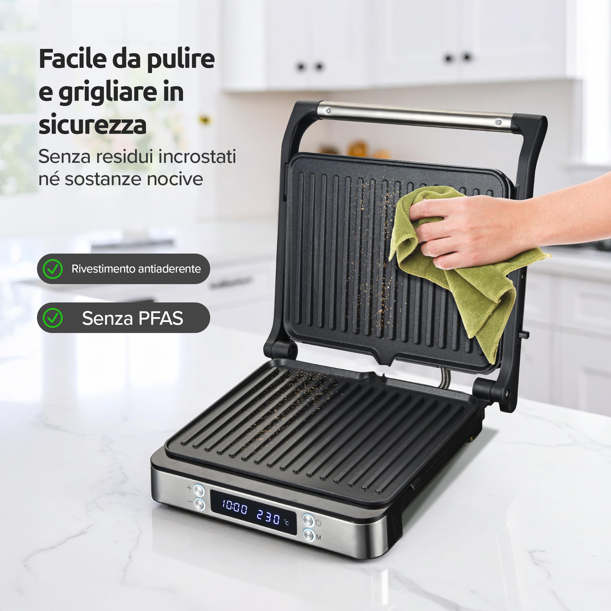 Olvy Grill digitale a contatto con piastre antiaderenti, macchina per panini 3 in 1, griglia aperta a 180°, temperatura regolabile, timer, ampia area di cottura, manico Cool-Touch, Argento
