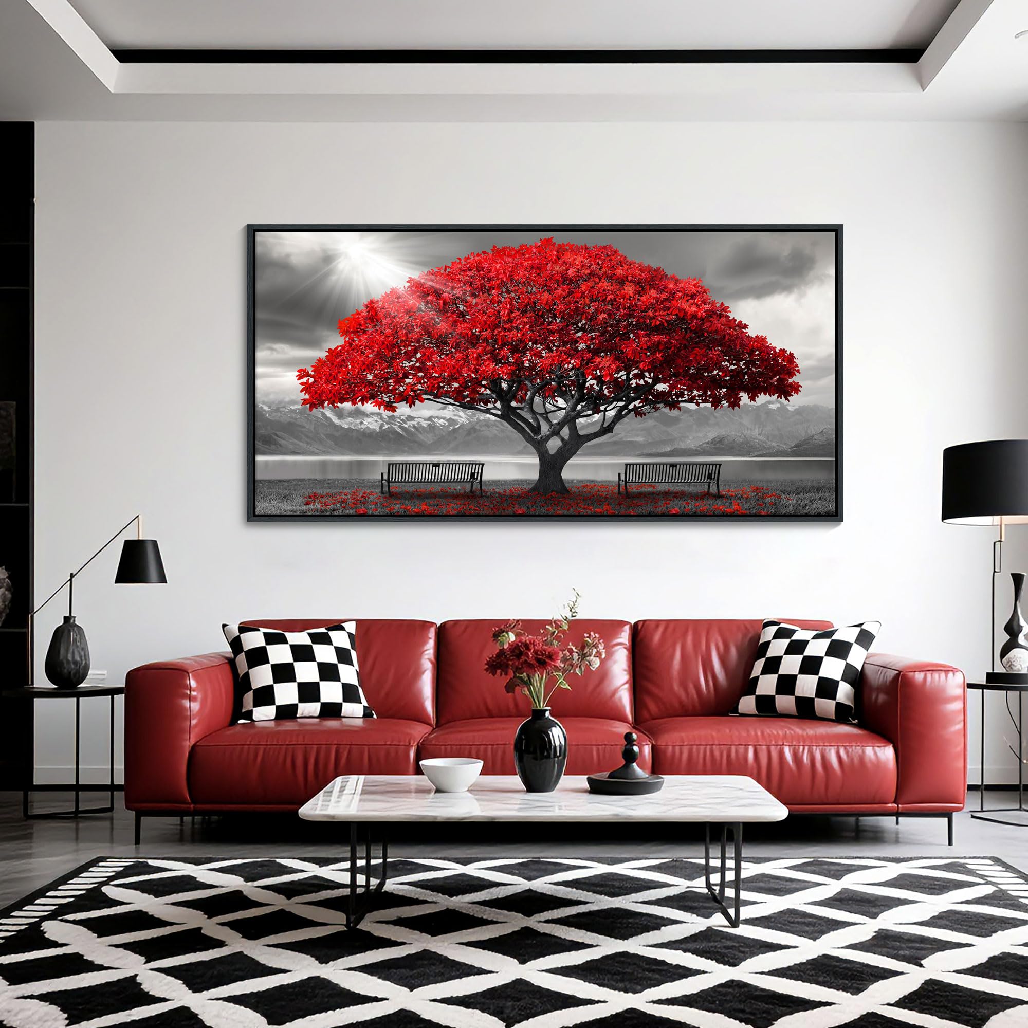 AJAZIKO Red Wall Art - Modern Framed Wall Art for Living Room - Red Tree Black and White Landscape Canvas Prints Posters &amp; Prints for Home Office Bedroom Decorations - Large Wall Pictures 24×48IN