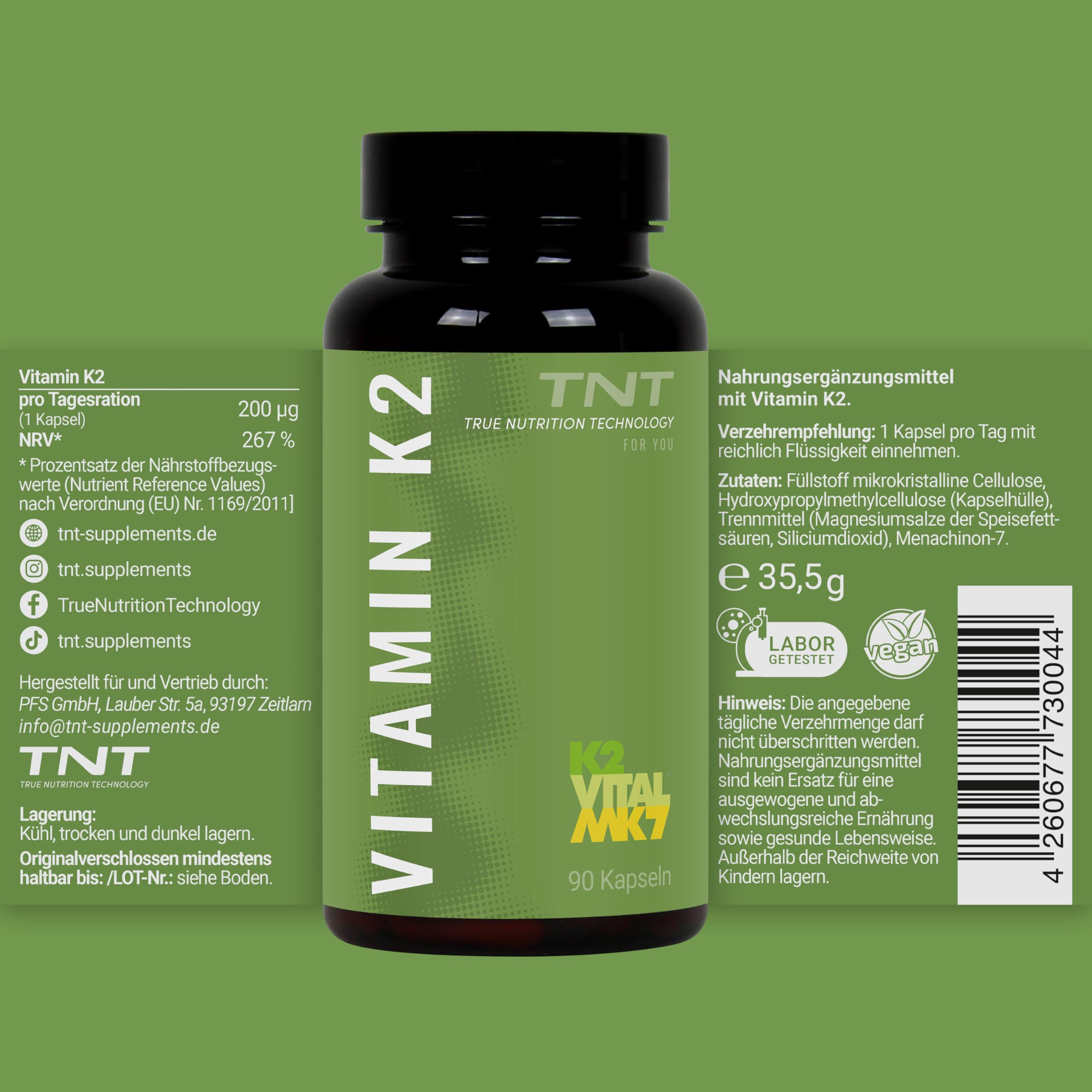TNT Vitamin K2 (90 hochdosierte Kapseln) • Hochwertige MK–7 Form von Kappa • Laborgeprüfte Qualität • K2 Vitamin hochdosiert • 100% Vegan • Made in Germany