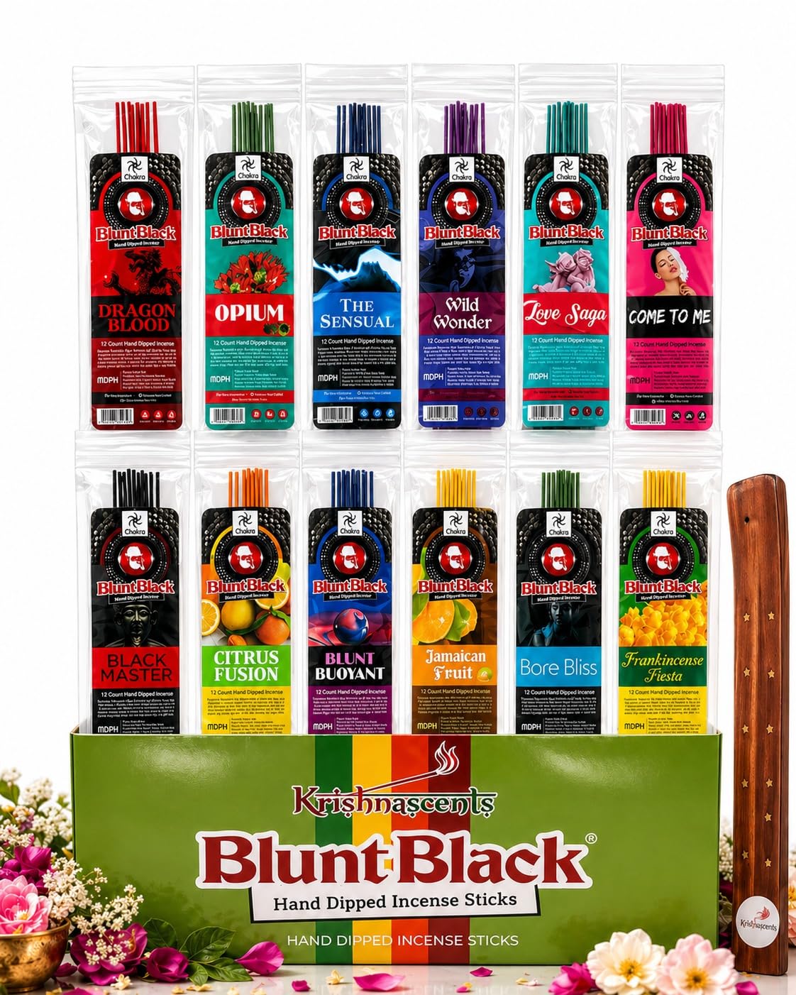 Blunt Black Hand-Dipped Incense Sticks | Premium 24 Assorted Packs - 288 Sticks, 11" Long | Aromatherapy with Long Burn Time | Free Wooden Stick Holder (Scents May Vary)
