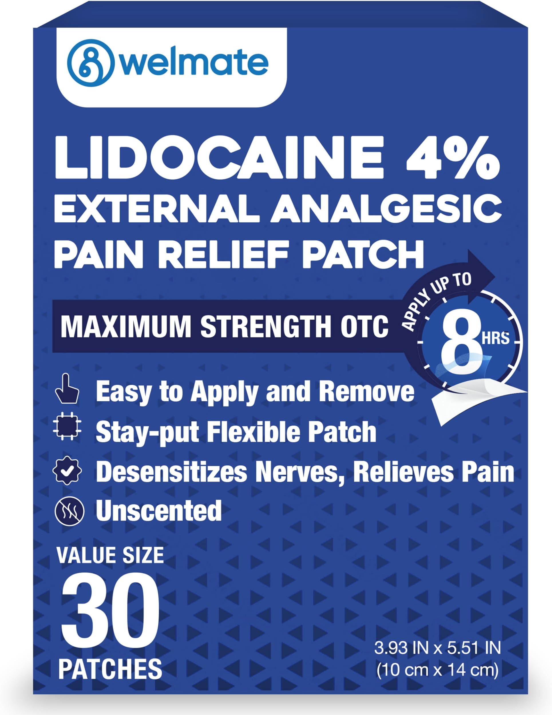 WELMATE - 4% Lidocaine Numbing Patch - Maximum Strength - Temporary Relief of Pain, Back, Neck, Shoulders, Knees, Elbows, Minor Skin Irritations - Topical Analgesic Unscented - 30 ct