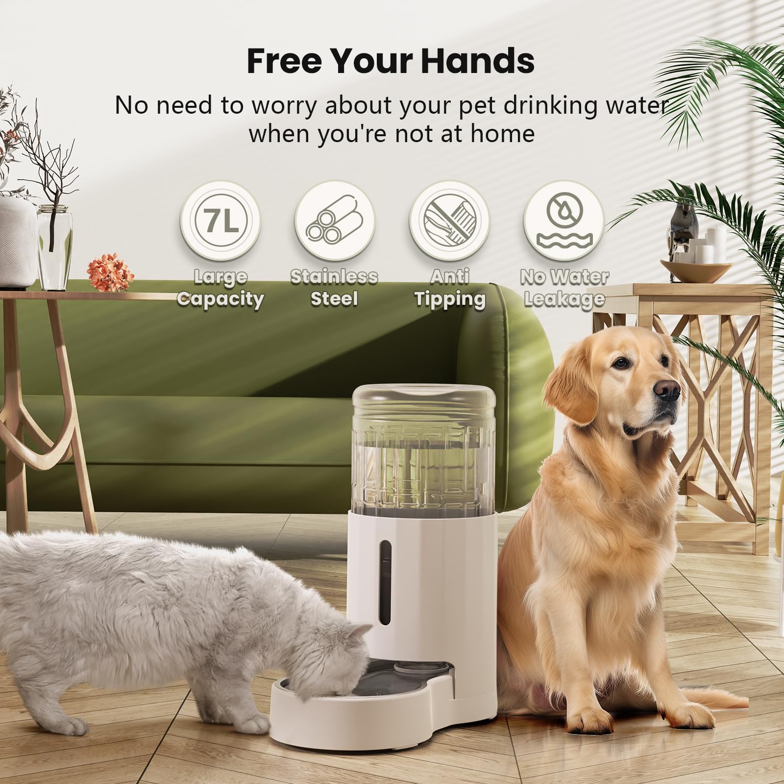JUNSPOW 7L roestvrijstalen waterdispensers voor huisdieren, grote capaciteit zwaartekracht huisdierenwaterer, geen elektriciteit en ultrastille automatische waterdispenser voor grote honden/multi-kat