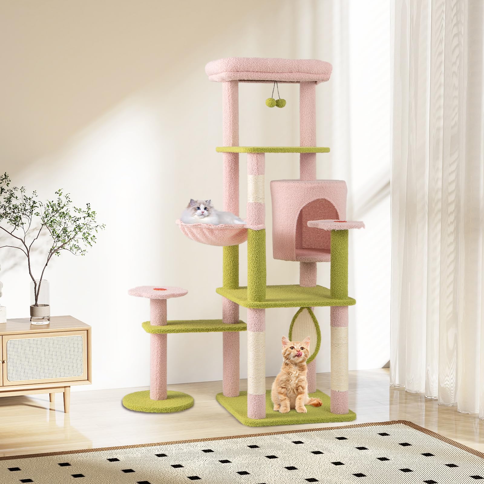 COSTWAY Tiragraffi per Gatto Alto 150 cm Stile Floreale, Albero Tiragraffi Gatti con Pali in Sisal, Piattaforme, Grotta e Pompon, Torre Gatto Rivestito in Peluche, Rosa e Verde