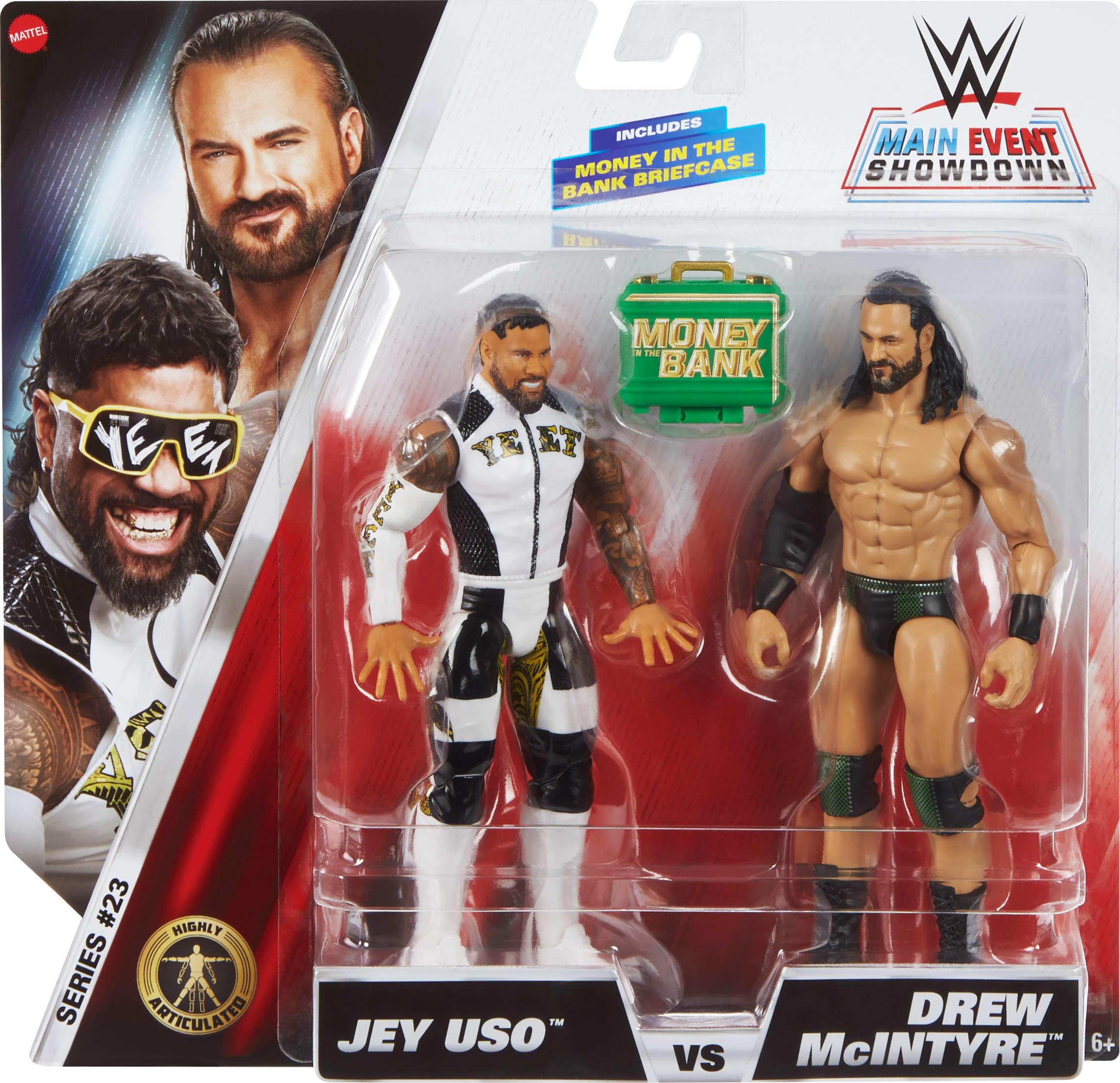 Mattel WWE Main Event Showdown Lot de 2 figurines avec accessoire, série #23 Jey USO vs Drew McIntyre à collectionner, 15,2 cm