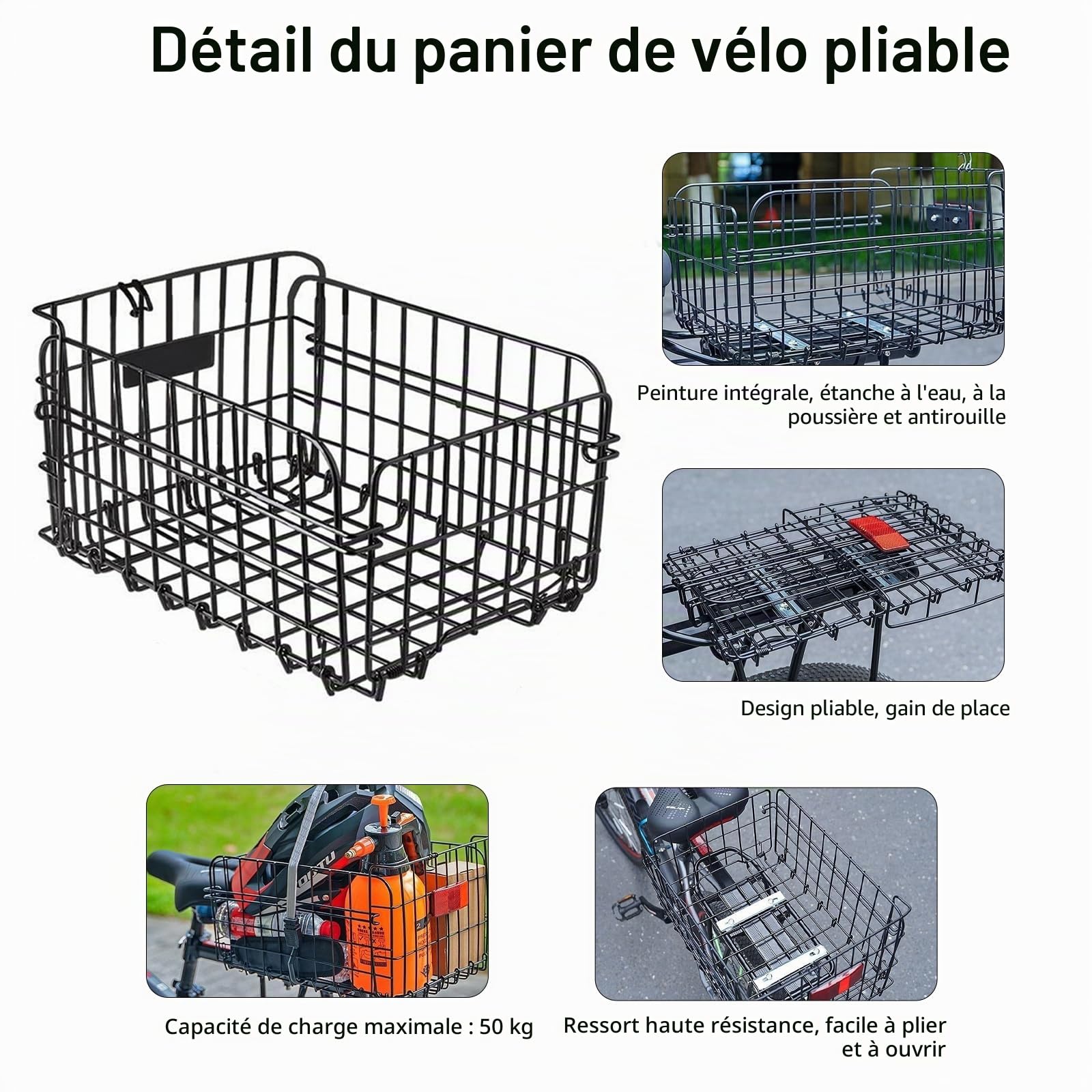 W&H Panier de Vélo Arrière Amovible en Métal - Grand Panier de Vélo Pliable - Porte-Bagages Arrière avec Accessoires de Montage - Filet à Bagages et Réflecteur - Panier de Vélo pour Petit Chien