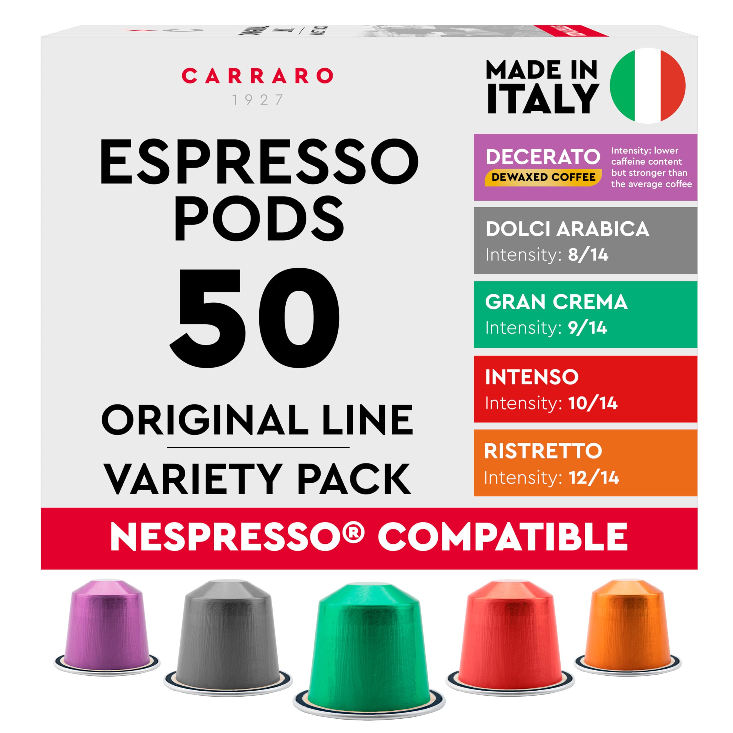 CARRARO 1927 Variety Pack Coffee Capsules - 50 Aluminium Coffee Pods Compatible with Nespresso Original line, Medium and Dark Roast, Made in Italy
