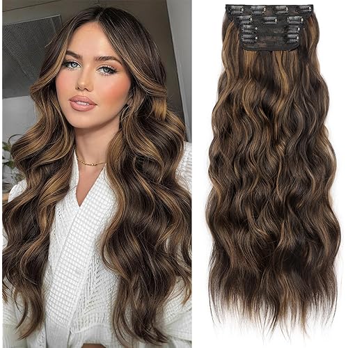 KooKaStyle Clip in Hair Extensions Long Wavy 4PCS Thick Hairpieces Synthetic Highlight Hair Extensions Balayage Dark Brown to Chestnut H2/426 Fiber Double Weft Natural 24Inch for Women