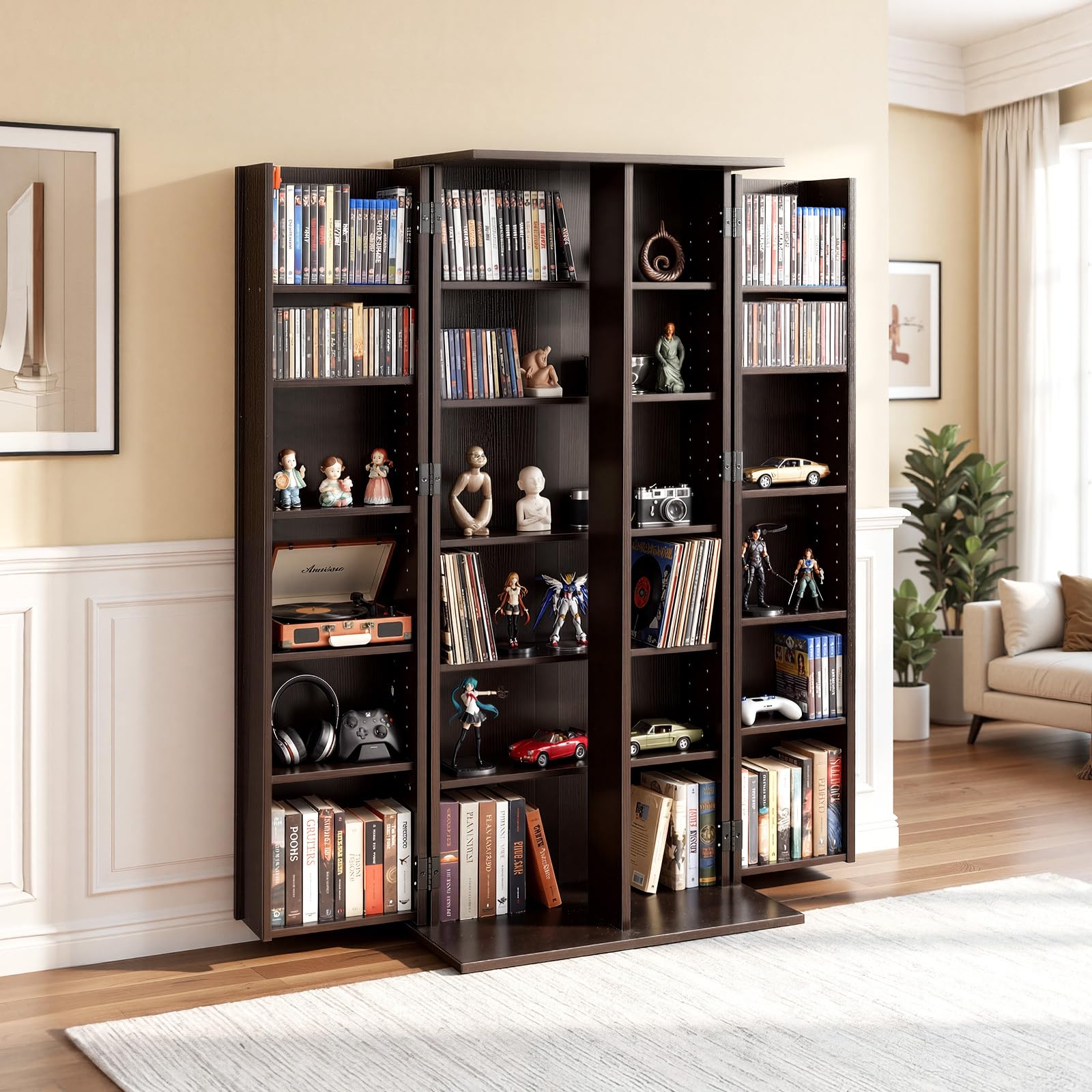 VEVOR Bibliothèque Étagère, Meuble de Rangement Multimédia à 6 Niveaux, Armoire Biblio pour CD, DVD, Livres, Jeux, avec Portes et Étagères Réglables pour Bureau, Studio, Salon, 610x368x1270 mm, Marron