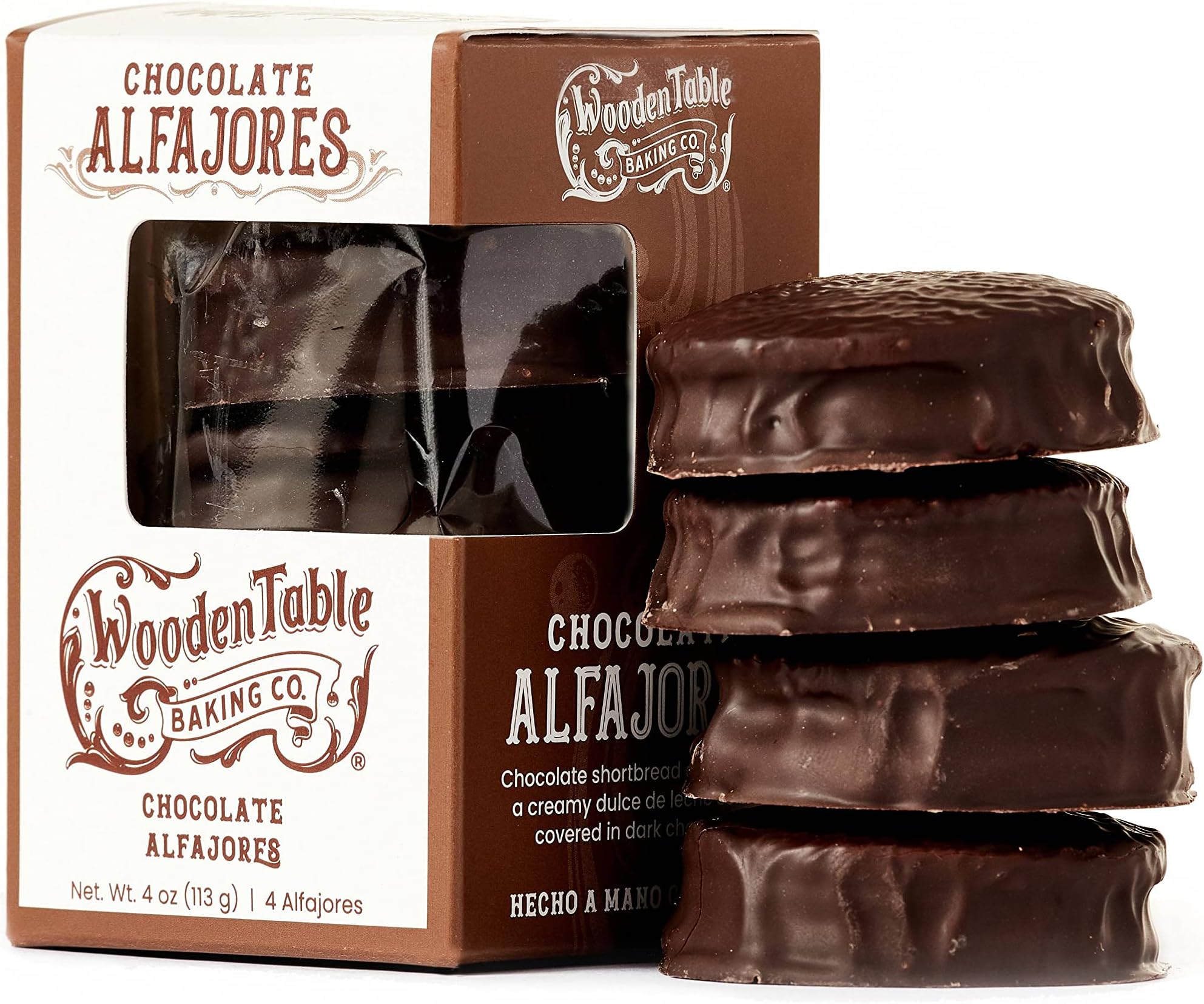 Gourmet Chocolate Alfajores – Argentine Dulce de Leche Sandwich Cookies Dipped in Semisweet Chocolate | Wooden Table Baking | Box of 4