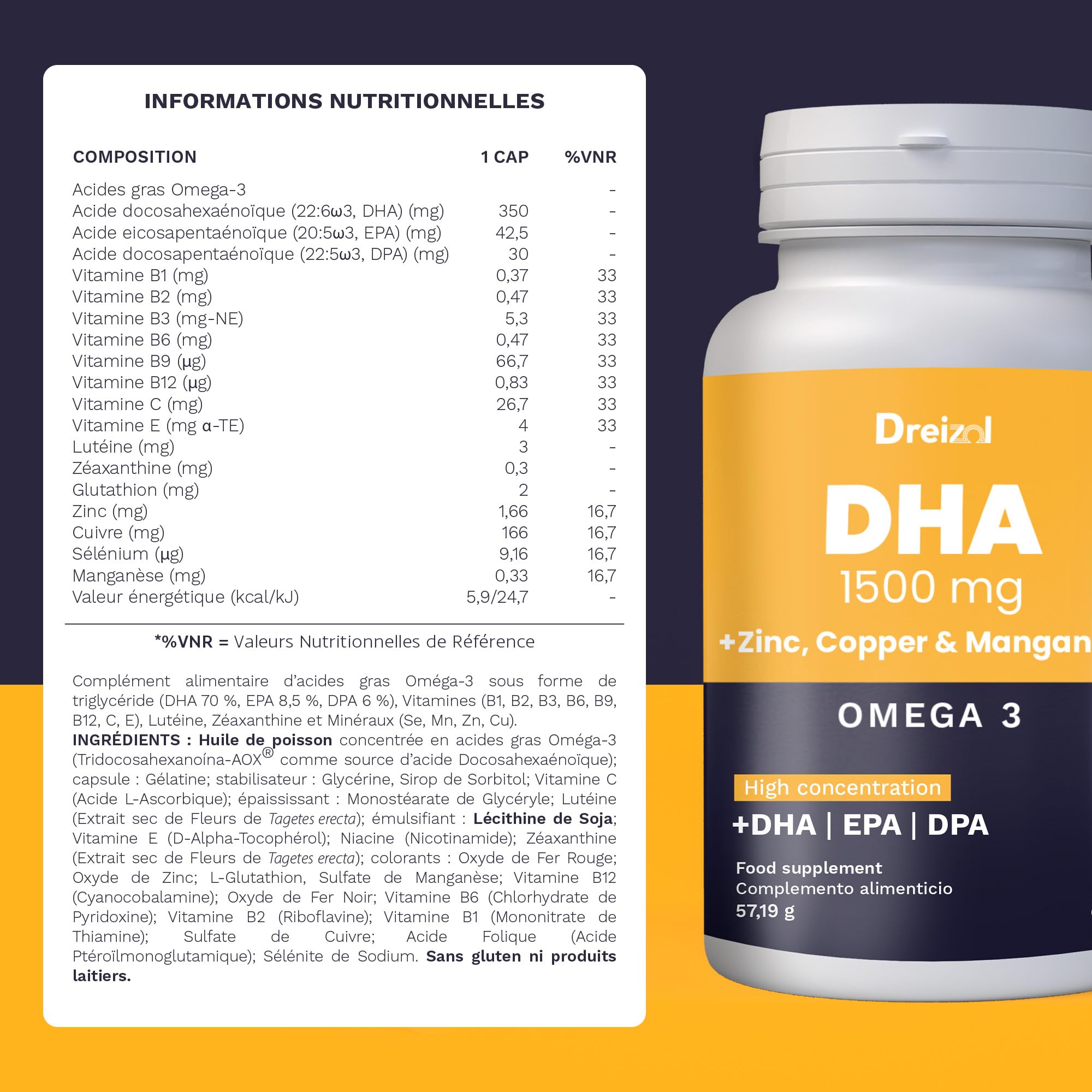 Brudy Lab Dreizol Omega 3 DHA 1500 avec EPA et DPA + Manganèse, Zinc et Cuivre - Haute Concentration - Renforce les Tissus Oculaires, Rétine, Santé Cardiaque et Cérébrale - 60 Capsules