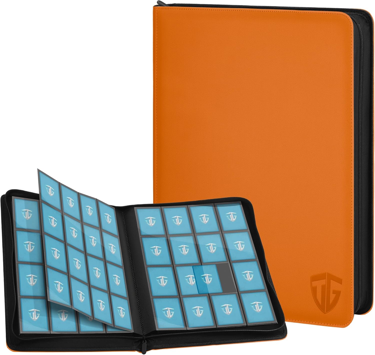 16 Pockets Trading Card Zipper Binder for 1000+ Cards| Secure Side Loading Pockets | Trading Card Album Folder | Compatible with YuGiOh, MTG,Sports Cards (Orange 16)