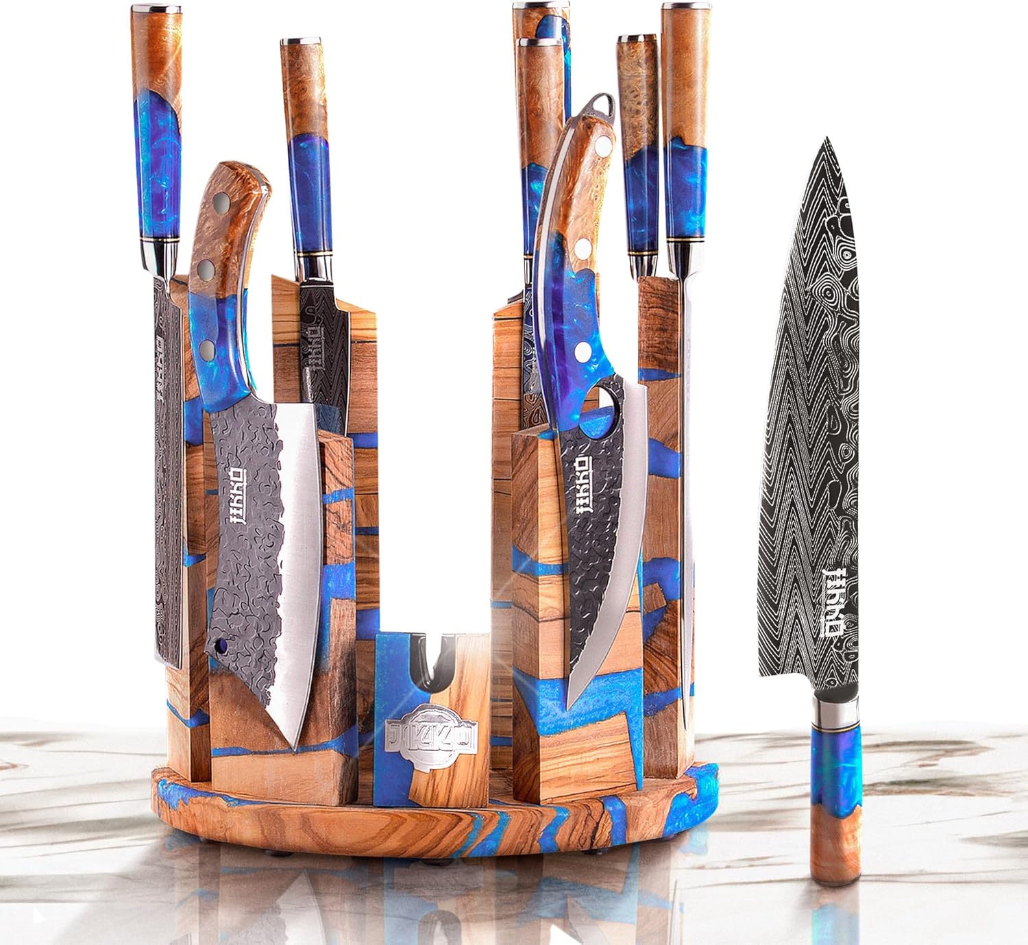 Jikko Magnetic Knife Block Set Eternal Wave: 9-Piece Japanese Kitchen Knife Set, Chef Knife Set, Olive Wood & Epoxy, 3× Edge Retention, Limited Edition Olive Wood and Blue Resin A+ Class