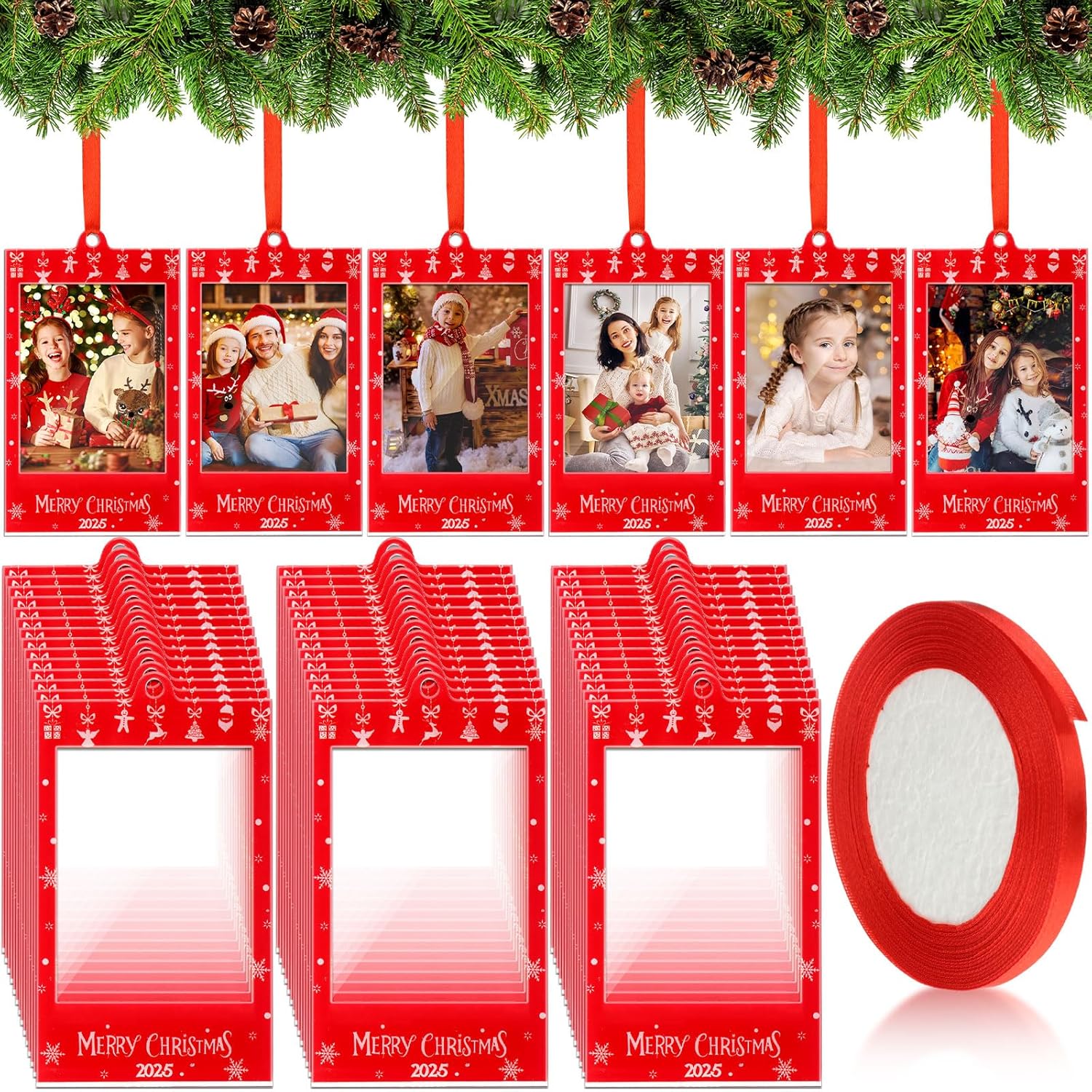 48 Pcs Merry Christmas 2026 Photo Frame Ornaments Acrylic 2 x 3 Picture Frame Ornaments Christmas Tree Decoration Compatible with Instax Polaroid Hanging Photo with Red Ribbon (Style 2)